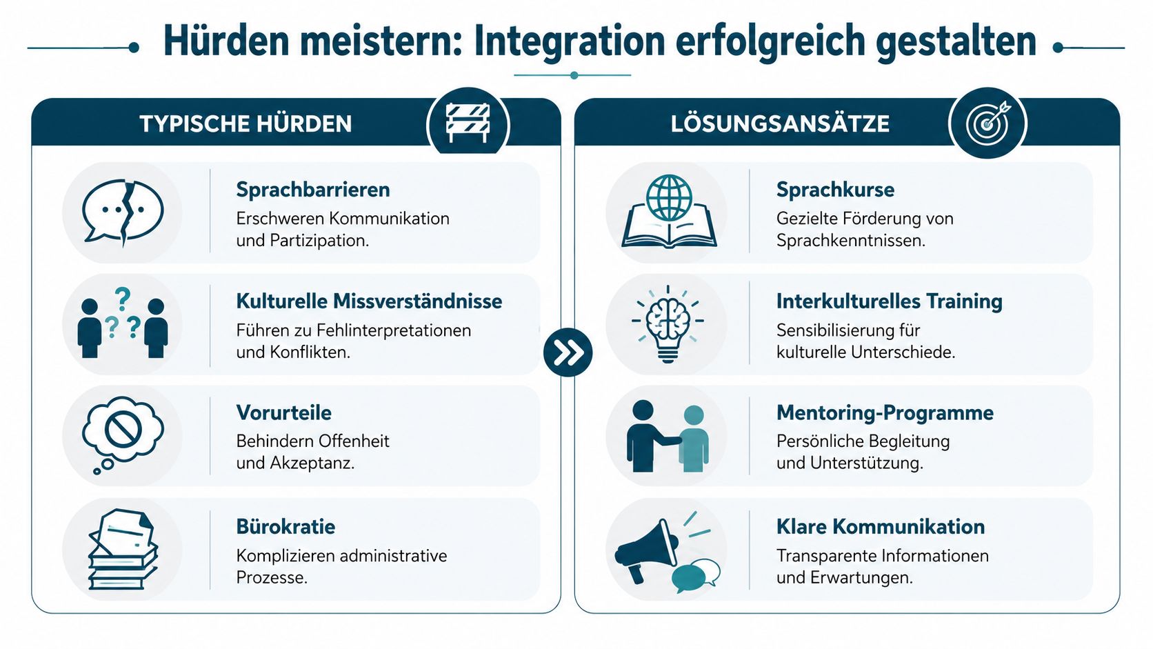 Infografik zeigt typische Hürden der kulturellen Integration und bietet passende Lösungsansätze zur erfolgreichen Unterstützung an.
