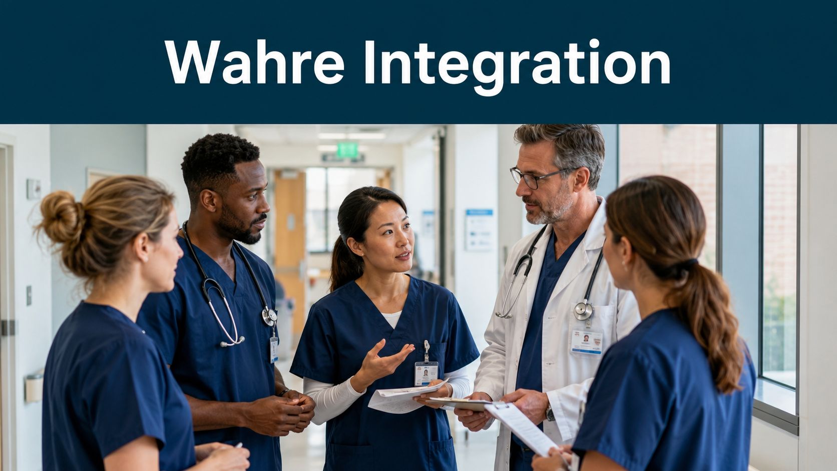 Ein diverses Team aus medizinischem Fachpersonal bespricht sich professionell in einem Krankenhausflur während einer Stationsrunde.
