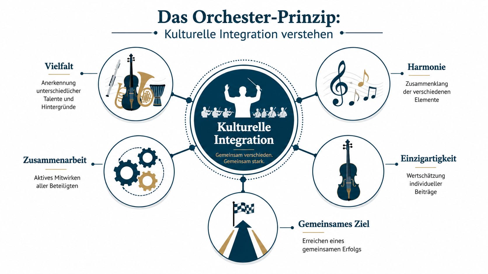 Eine Infografik zum Orchester-Prinzip, die kulturelle Integration durch die Metapher eines Orchesters und Teamarbeit veranschaulicht.