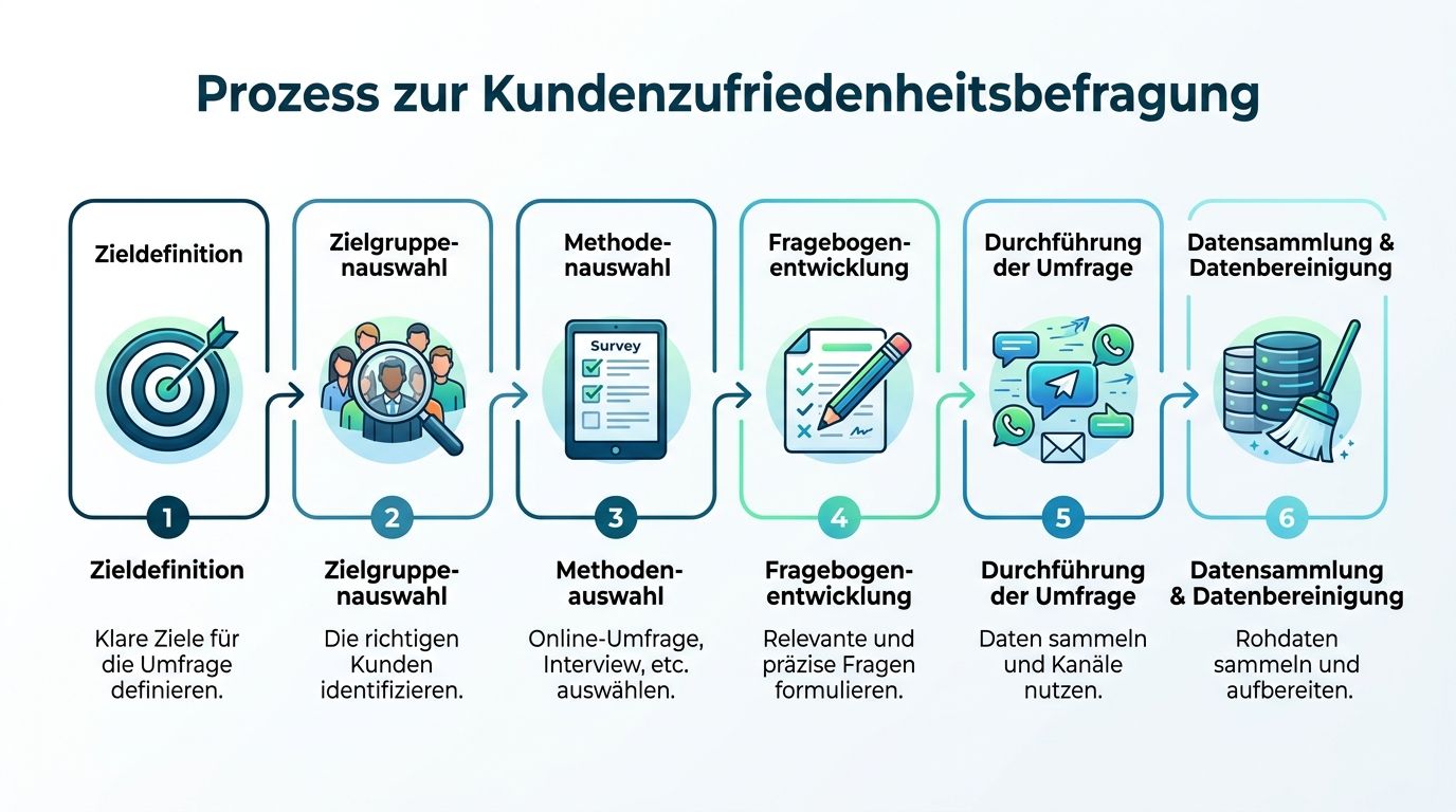 Eine Infografik, die den sechsstufigen Prozess zur Durchführung einer professionellen Kundenzufriedenheitsbefragung übersichtlich darstellt.