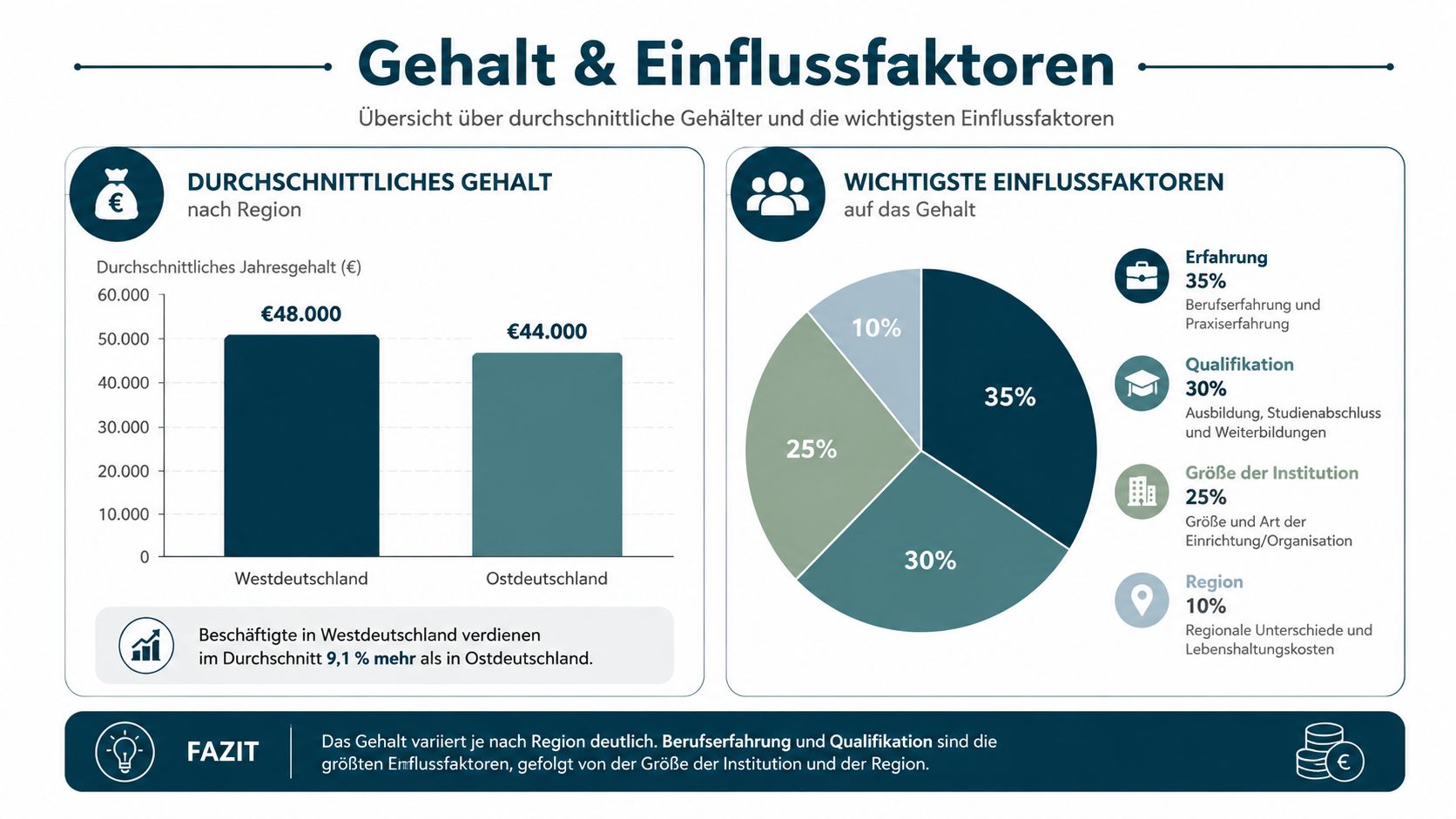 Infografik zeigt Durchschnittsgehälter in West- und Ostdeutschland sowie die wichtigsten Einflussfaktoren auf das Gehalt.