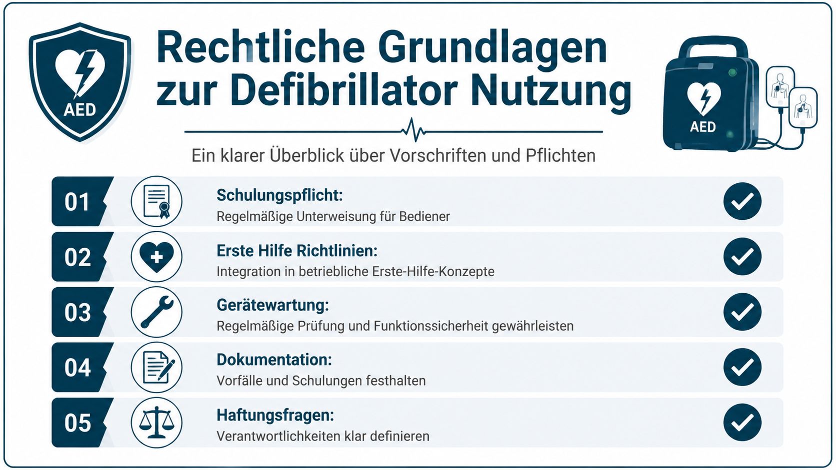 Infografik zu den rechtlichen Grundlagen und Pflichten bei der Verwendung eines Defibrillators im betrieblichen Umfeld.