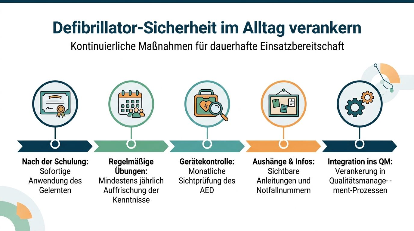 Eine Infografik über kontinuierliche Maßnahmen zur langfristigen Sicherstellung der Einsatzbereitschaft von Defibrillatoren im betrieblichen Alltag.