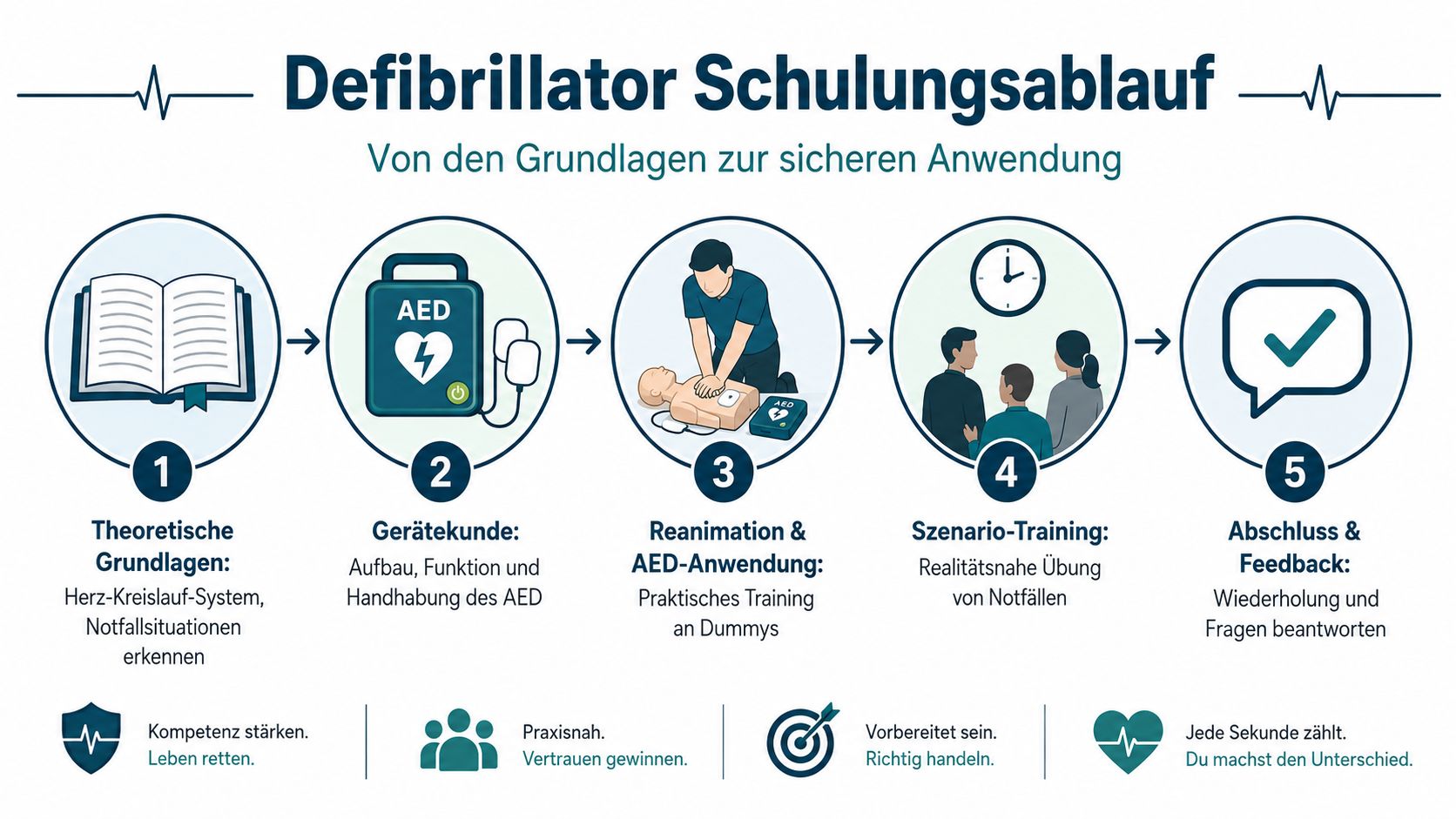 Eine Infografik zum Ablauf einer Defibrillator-Schulung mit fünf Schritten von der Theorie bis zum praktischen Training.