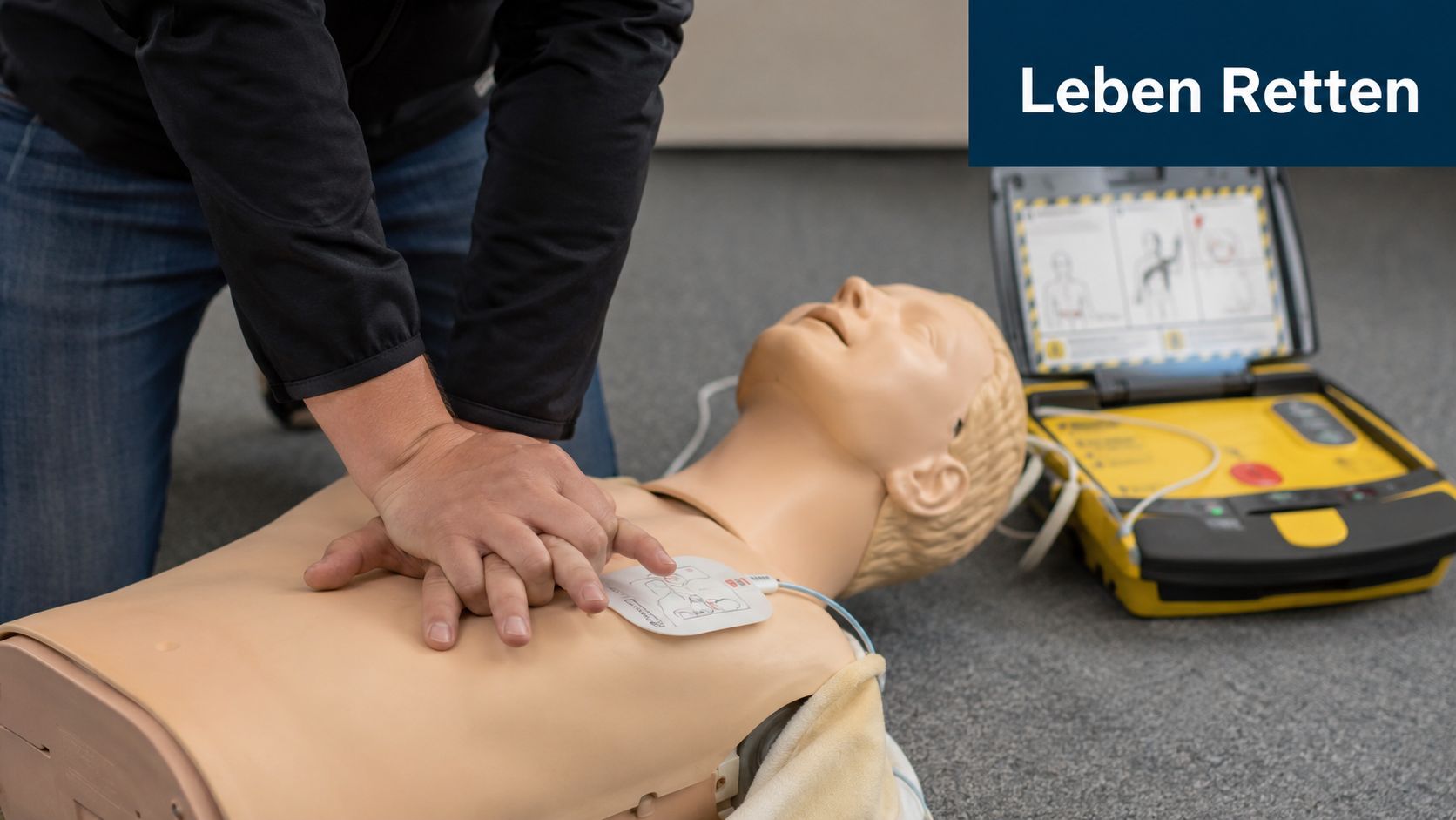Eine Person führt eine Herz-Lungen-Wiederbelebung an einer Übungspuppe mit einem Defibrillator in einem Trainingsszenario durch.