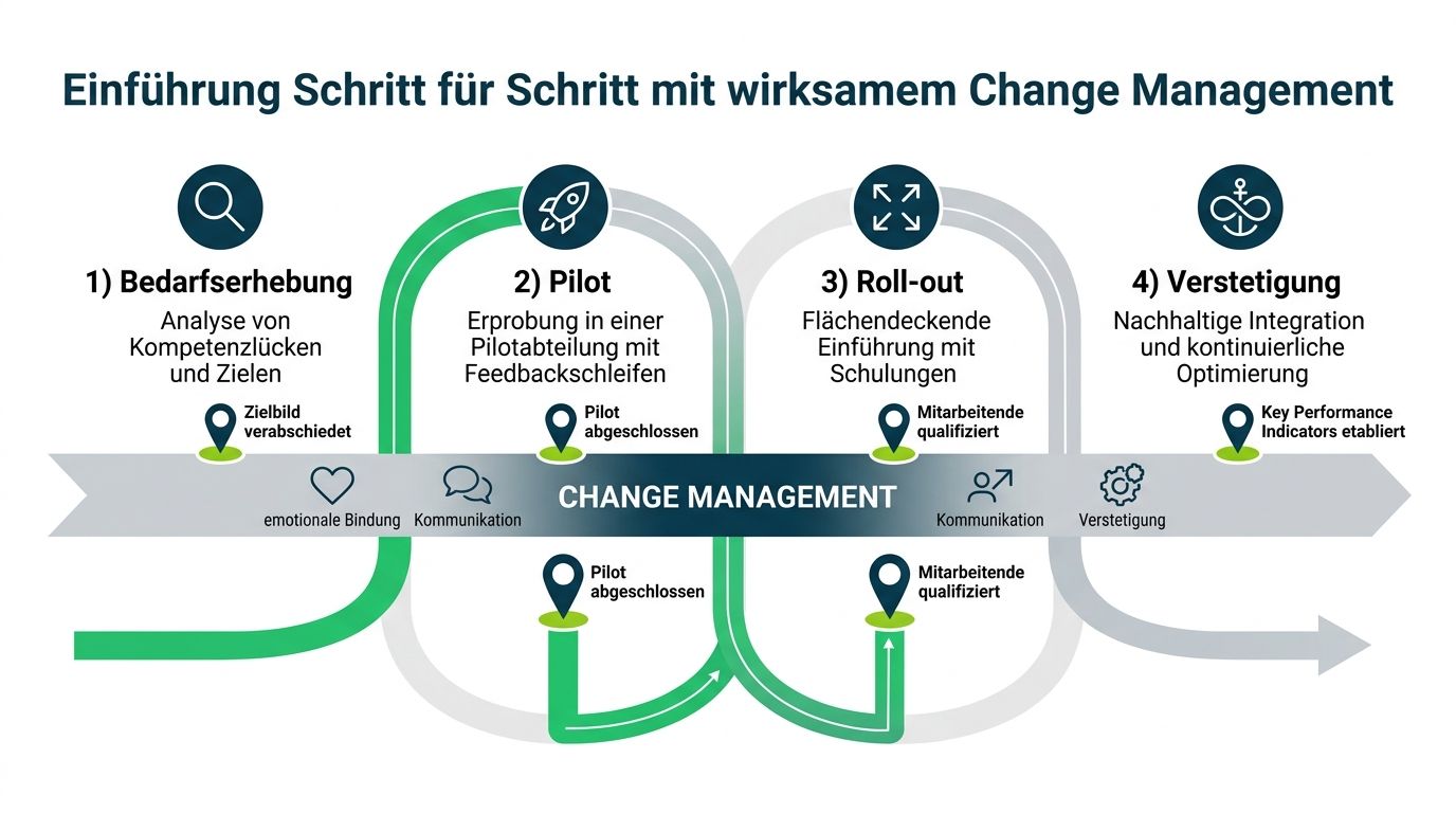 Eine Infografik zur schrittweisen Einführung digitaler Personalentwicklung durch wirksames Change Management, bestehend aus vier Phasen.