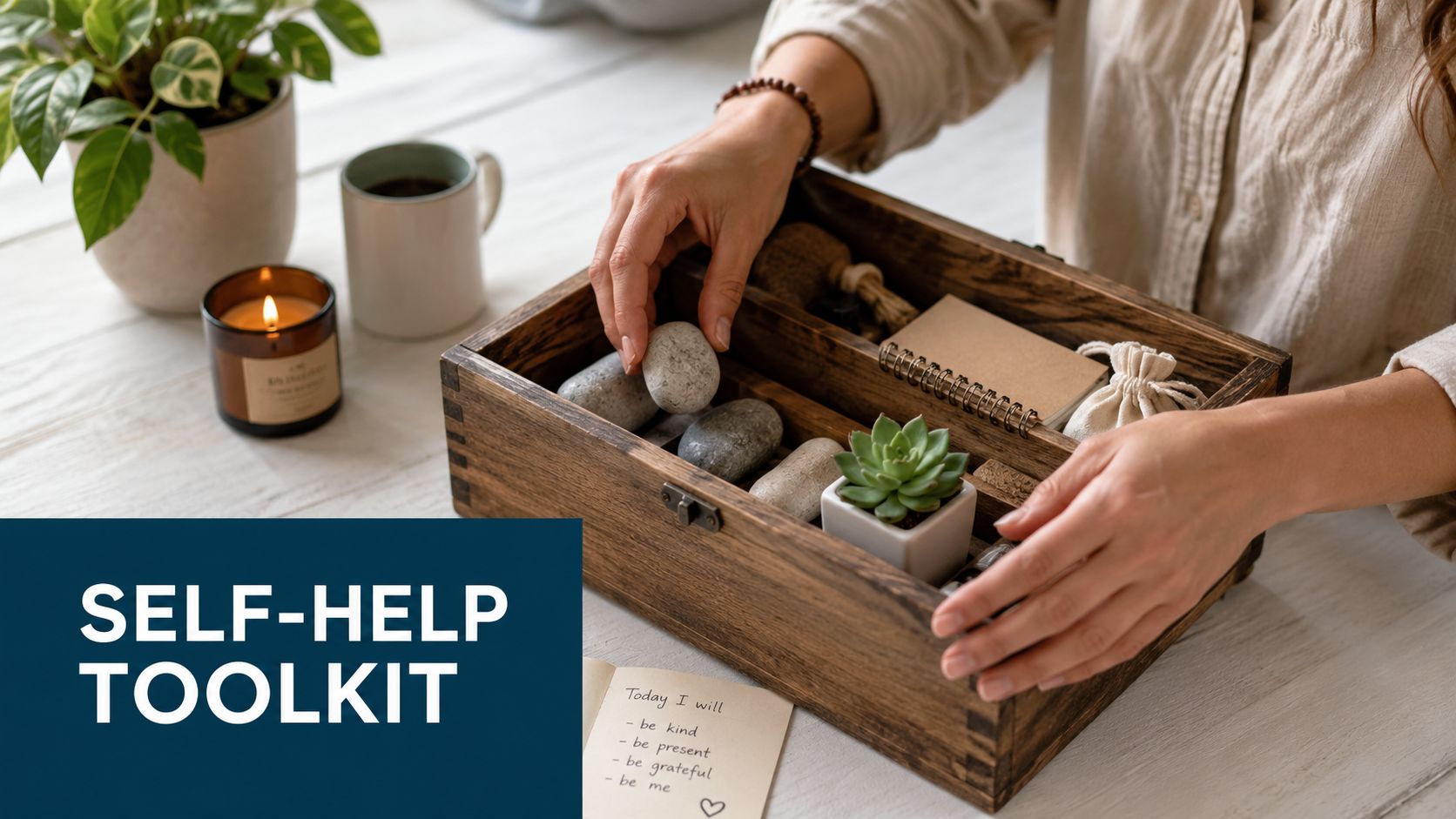 Eine Person ordnet einen hölzernen Kasten mit verschiedenen Wellness-Utensilien und einem kleinen Sukkulenten auf einem weißen Tisch.