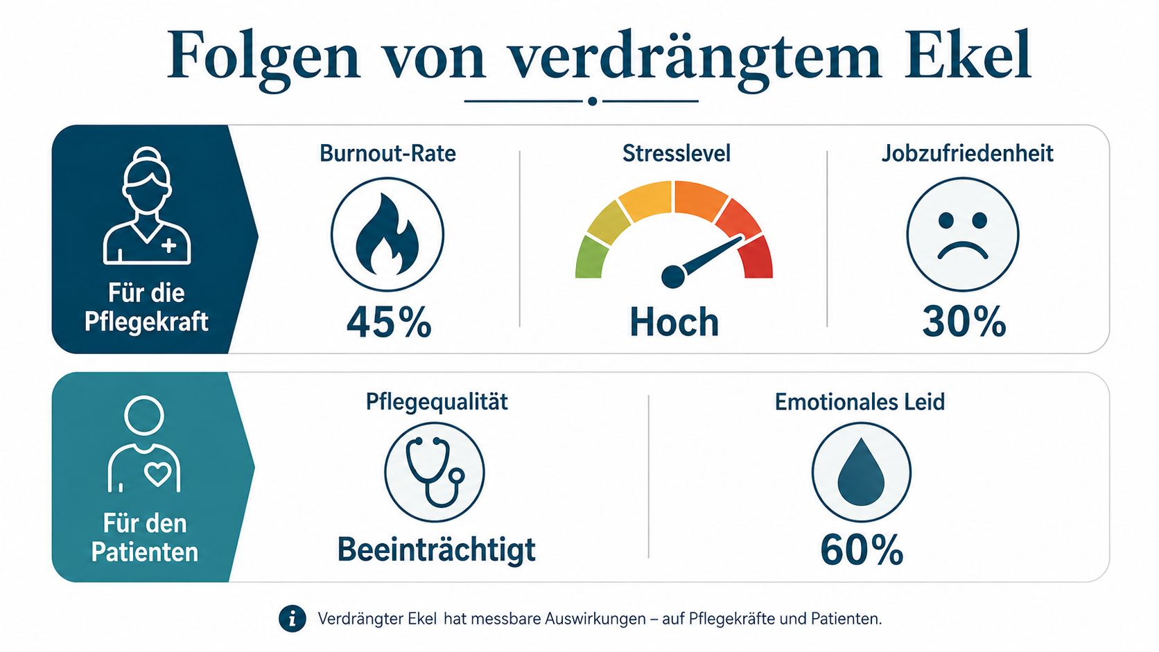 Infografik über die negativen Auswirkungen von verdrängtem Ekel bei Pflegekräften auf Personal und Patienten.