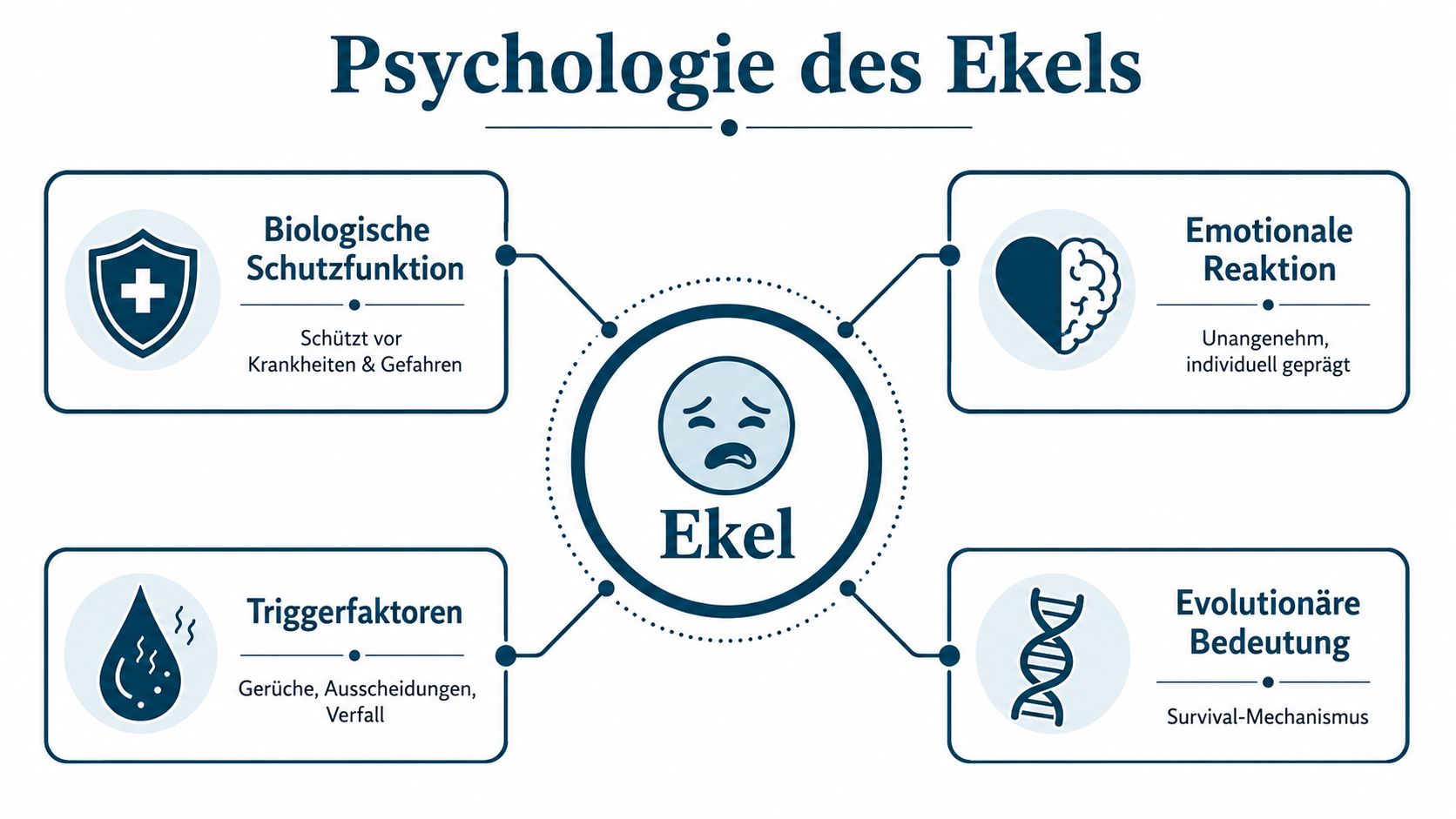 Eine Infografik zur Psychologie des Ekels mit den Schwerpunkten biologische Schutzfunktion, emotionale Reaktion, Triggerfaktoren und evolutionäre Bedeutung.