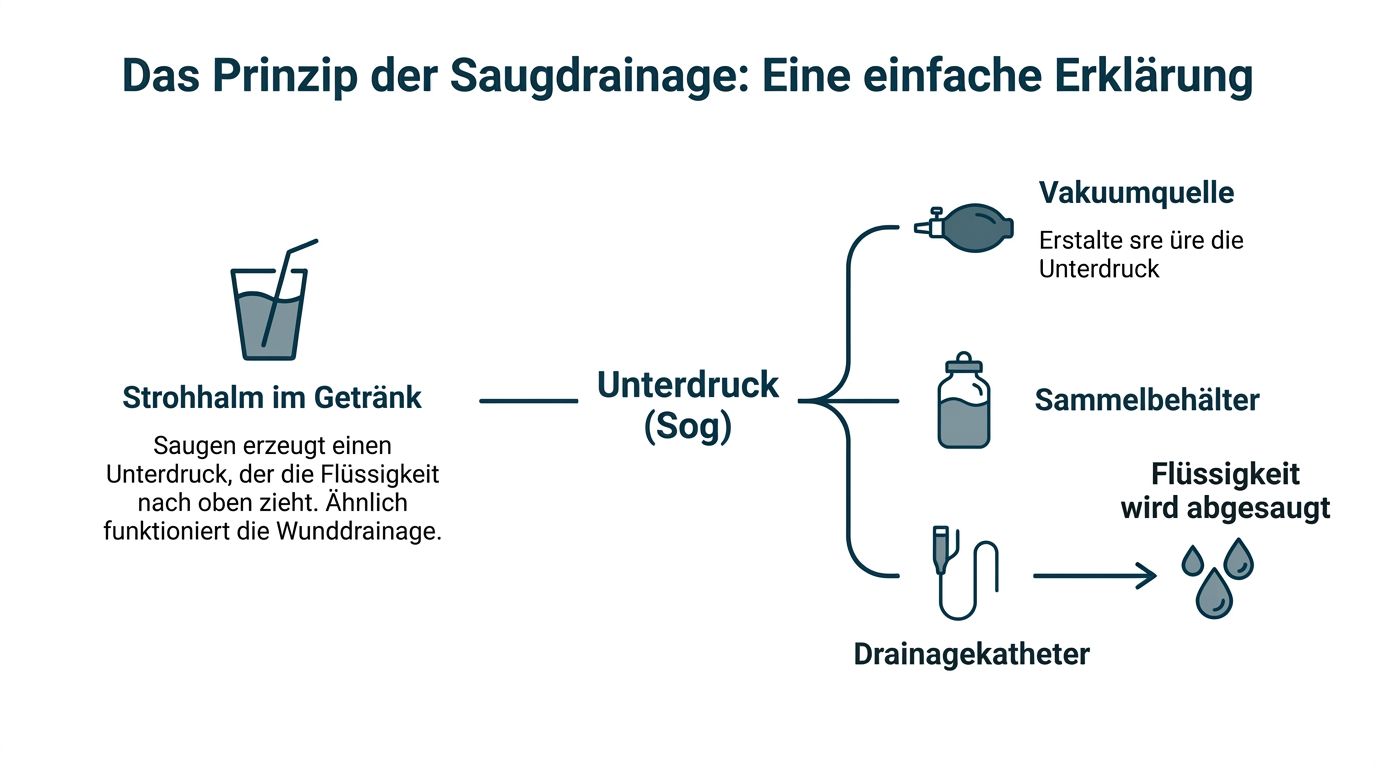 Infografik zum Funktionsprinzip einer Saugdrainage, das den Unterdruck mit dem Prinzip eines Strohhalms vergleicht.