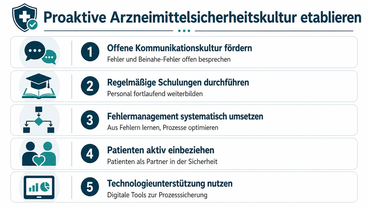 Eine Infografik zur Etablierung einer proaktiven Arzneimittelsicherheitskultur durch fünf zentrale Maßnahmen für mehr Patientensicherheit im Gesundheitswesen.