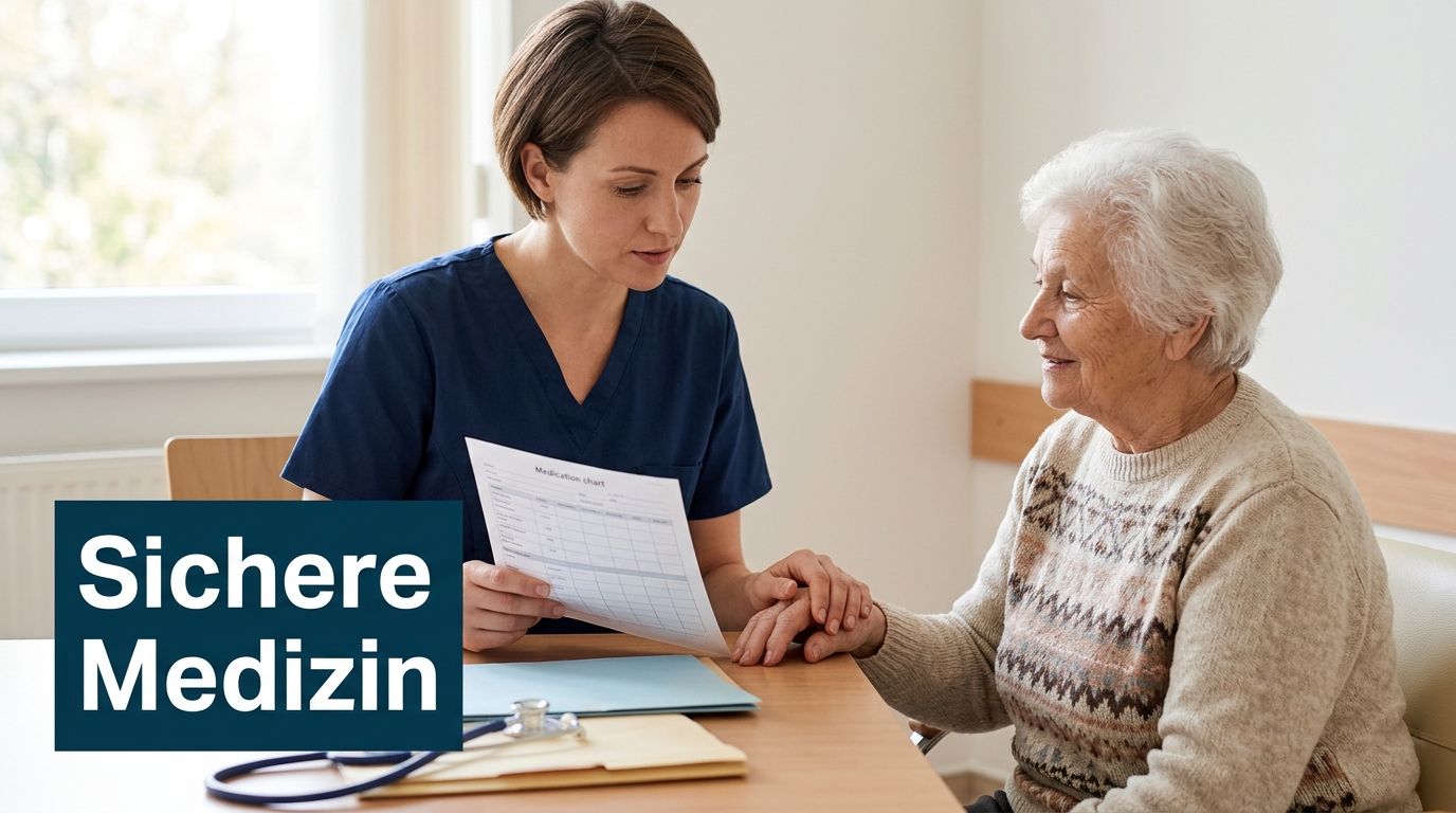 Eine Krankenschwester bespricht bei einem Beratungsgespräch einen Medikamentenplan mit einer älteren Dame, um die Arzneimittelsicherheit zu gewährleisten.