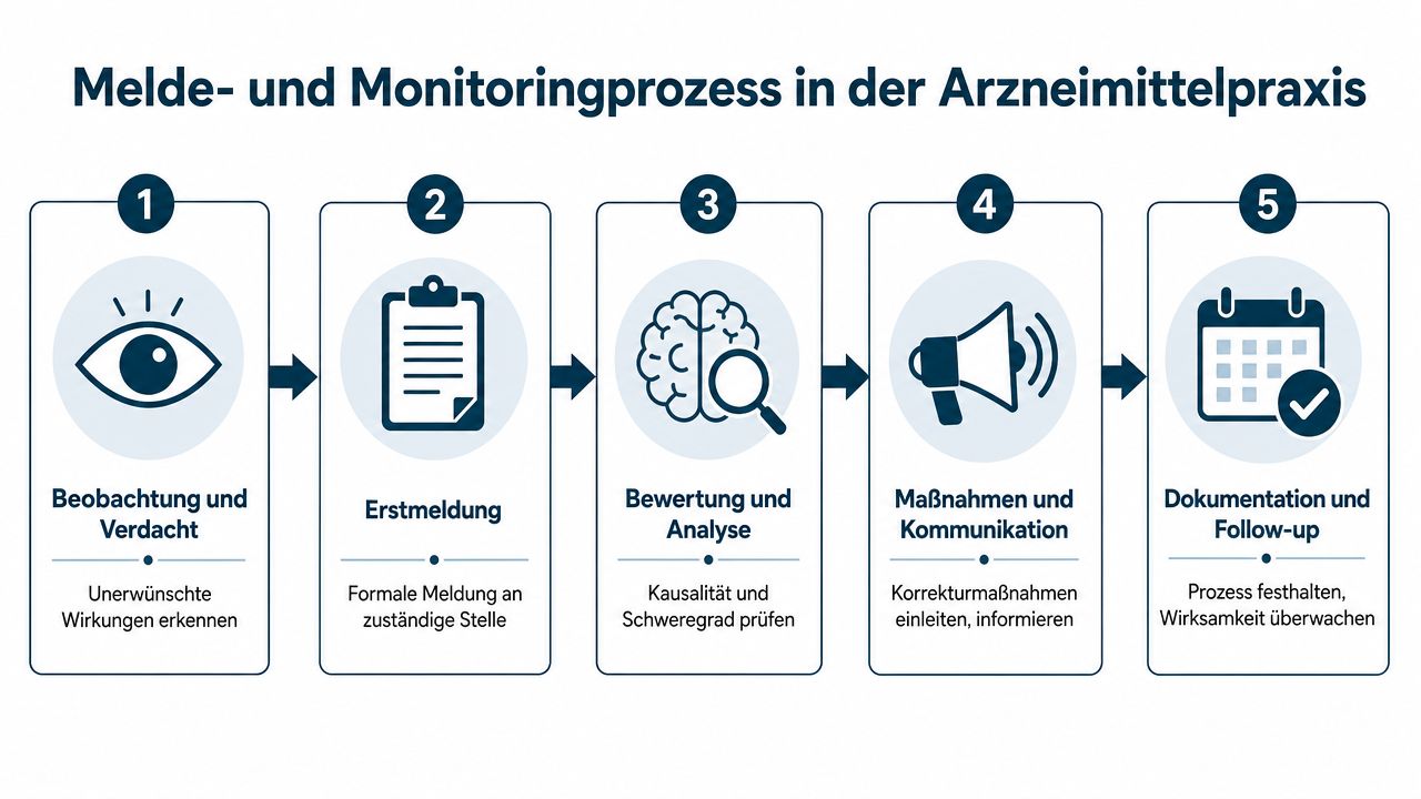 Grafik zeigt den fünfstufigen Melde- und Monitoringprozess in der Arzneimittelpraxis von der Beobachtung bis zur Dokumentation.