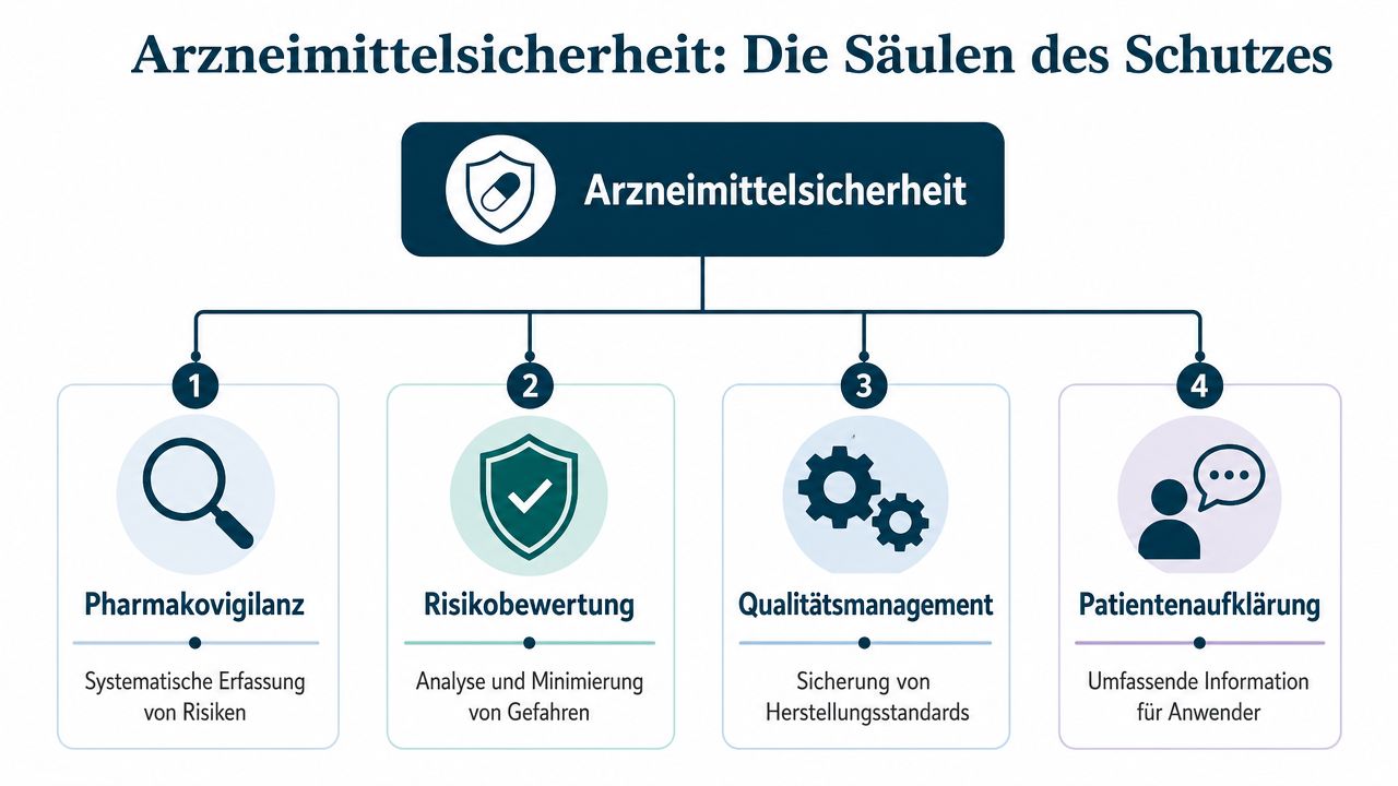Infografik zur Arzneimittelsicherheit mit den vier Säulen Pharmakovigilanz, Risikobewertung, Qualitätsmanagement und Patientenaufklärung.