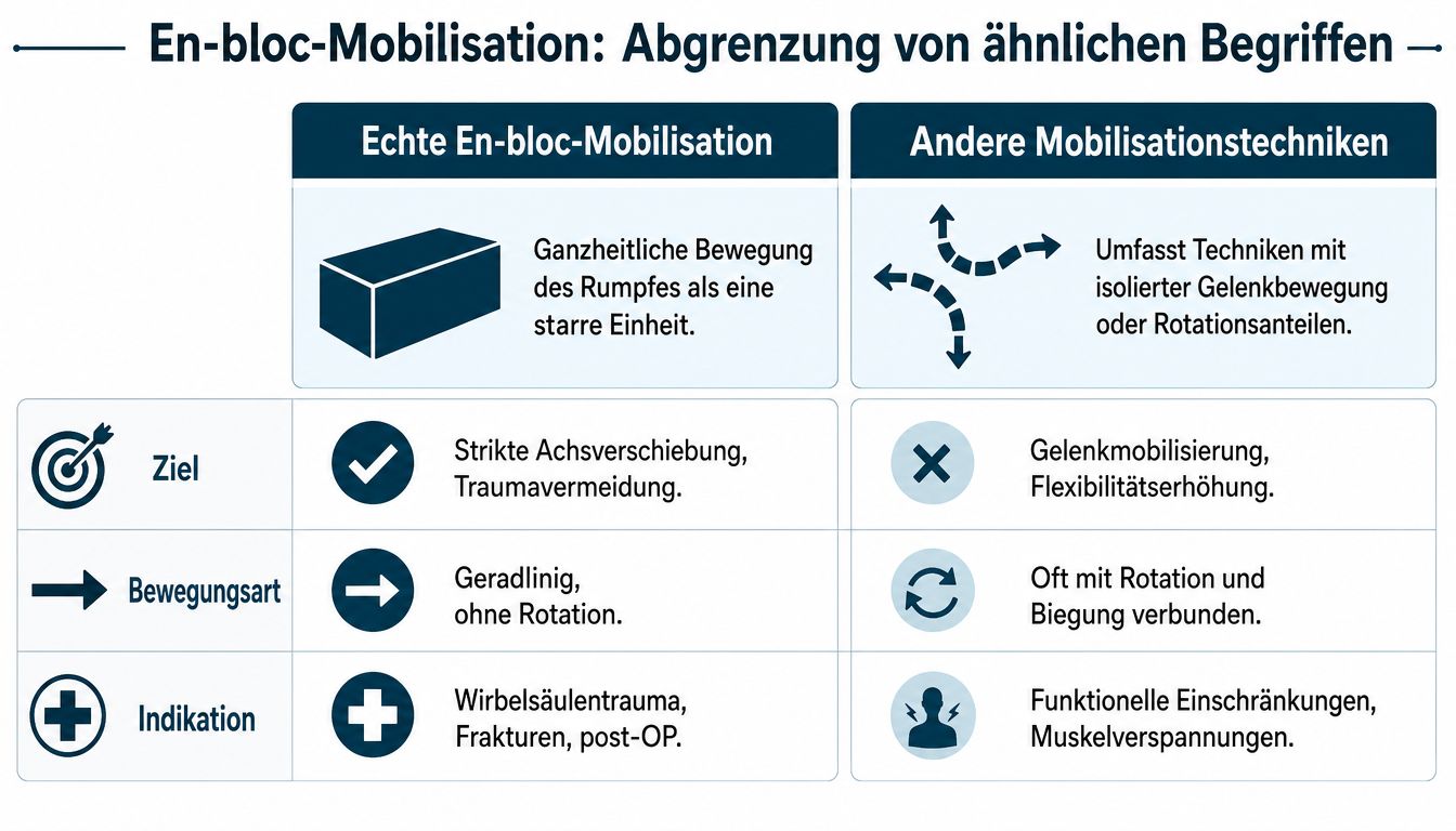 Vergleichstabelle zur Abgrenzung der echten En-bloc-Mobilisation von anderen Mobilisationstechniken hinsichtlich Zielen, Bewegungsarten und medizinischen Indikationen.