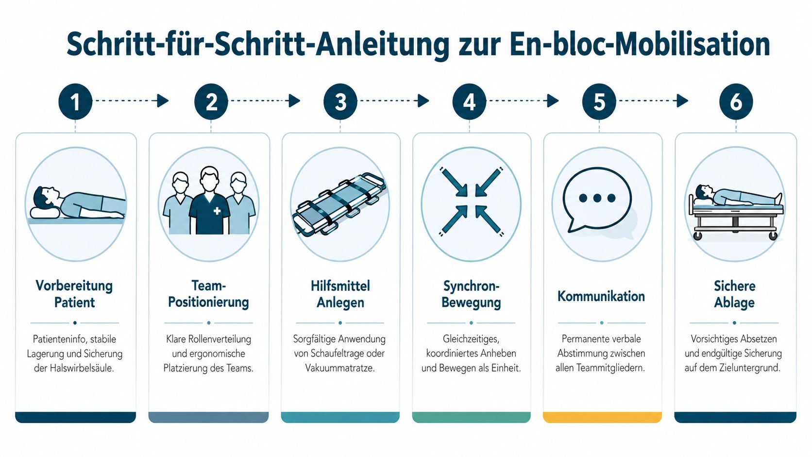 Eine sechsstufige Infografik zur sicheren En-bloc-Mobilisierung von Patienten mit Anweisungen für medizinisches Personal und Hilfsmittel.