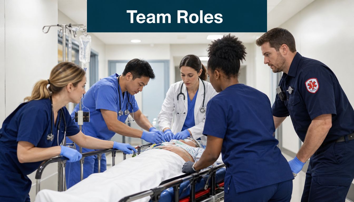 Ein medizinisches Team arbeitet zusammen, um einen Patienten auf einer Trage im Krankenhaus zu versorgen.