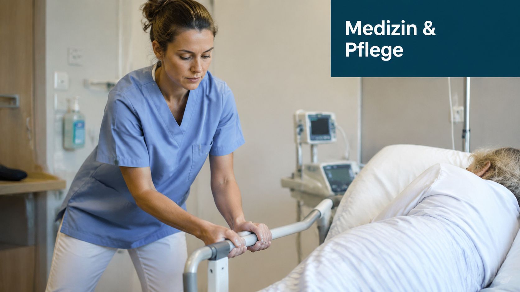 Eine Pflegekraft bewegt ein Krankenhausbett, um die Patientin zu positionieren, wobei auf die ergonomische Körperhaltung geachtet wird.