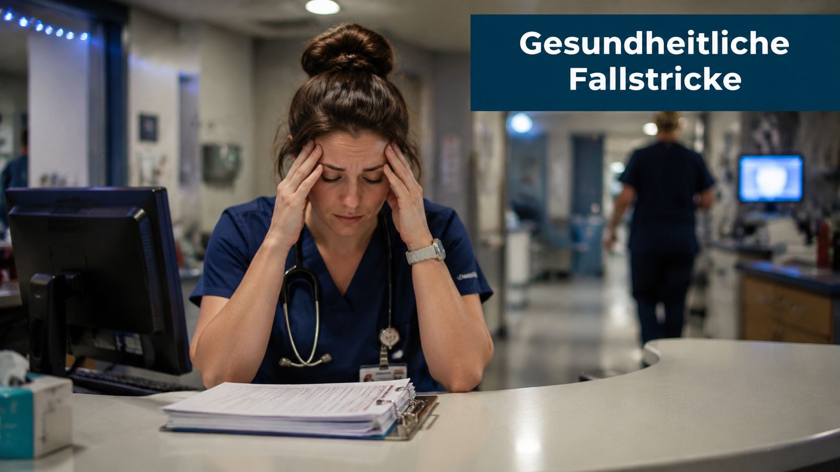 Eine erschöpfte Krankenschwester sitzt am Empfangstresen eines Krankenhauses und hält sich gestresst die Hände an den Kopf.