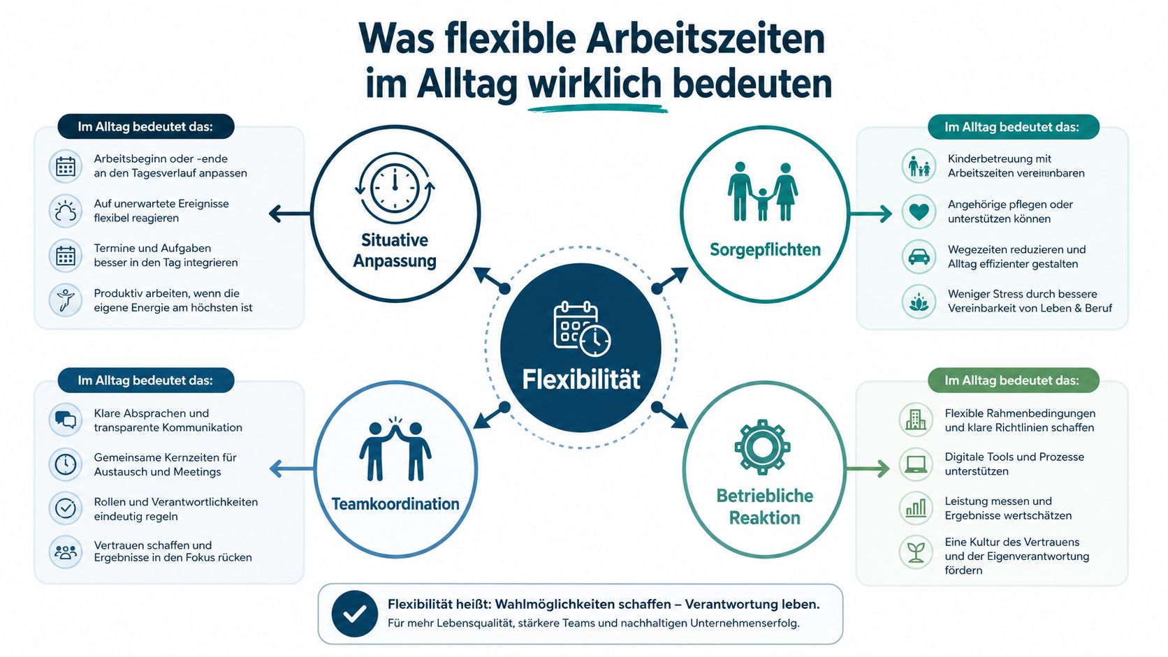 Infografik zeigt die vier Hauptbereiche für flexible Arbeitszeiten im Alltag: Situative Anpassung, Sorgepflichten, Teamkoordination und betriebliche Reaktion.