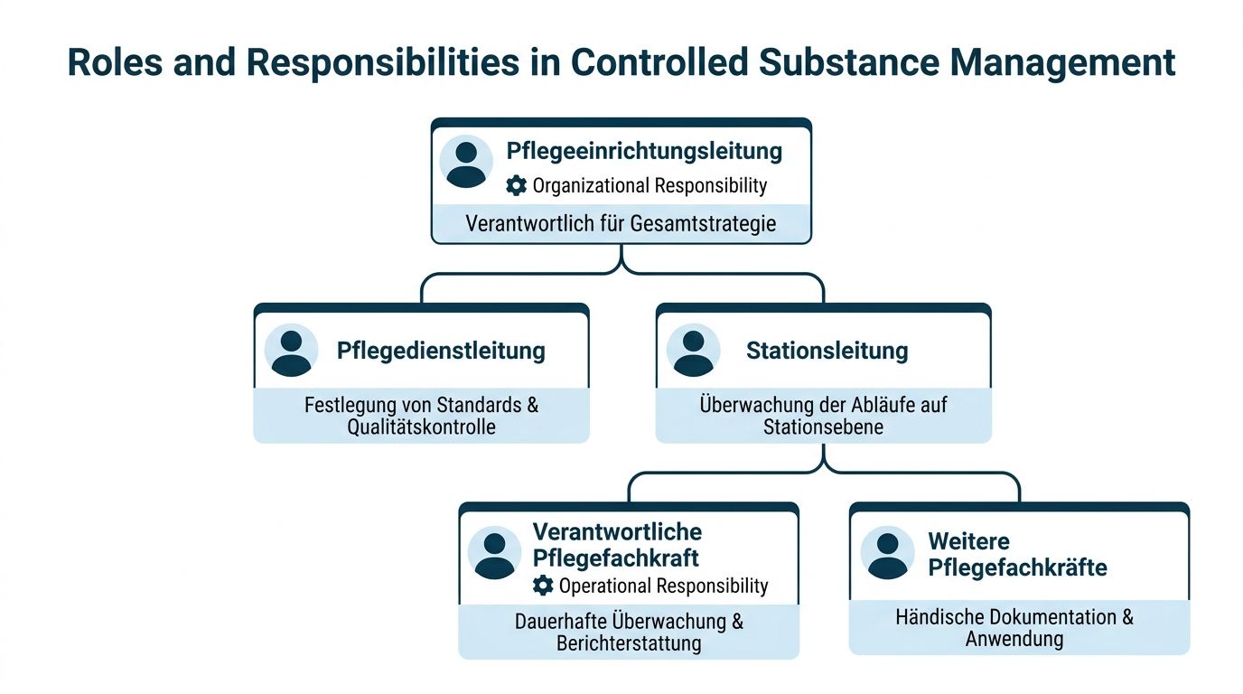 Organigramm der Verantwortlichkeiten und Rollen im Umgang mit Betäubungsmitteln in einer pflegerischen Einrichtung.
