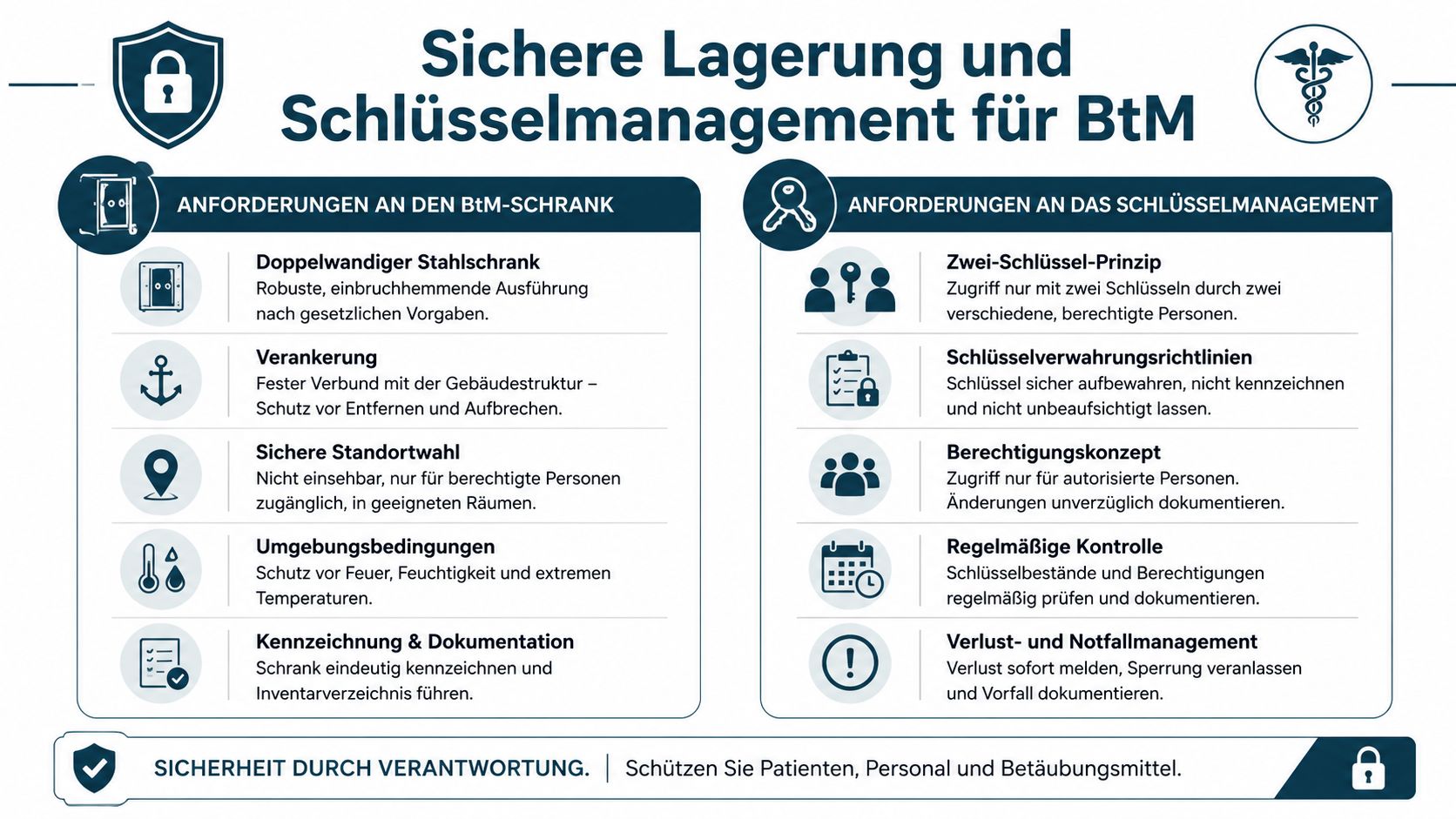 Infografik zur sicheren Lagerung und zum Schlüsselmanagement von Betäubungsmitteln in medizinischen Einrichtungen gemäß gesetzlicher Vorgaben.