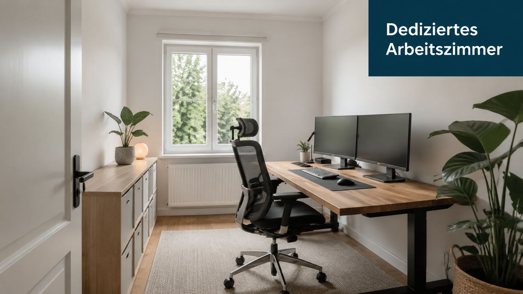 Modern eingerichtetes Homeoffice mit einem Schreibtisch, zwei Monitoren, einem ergonomischen Bürostuhl und einer Pflanze am Fenster.