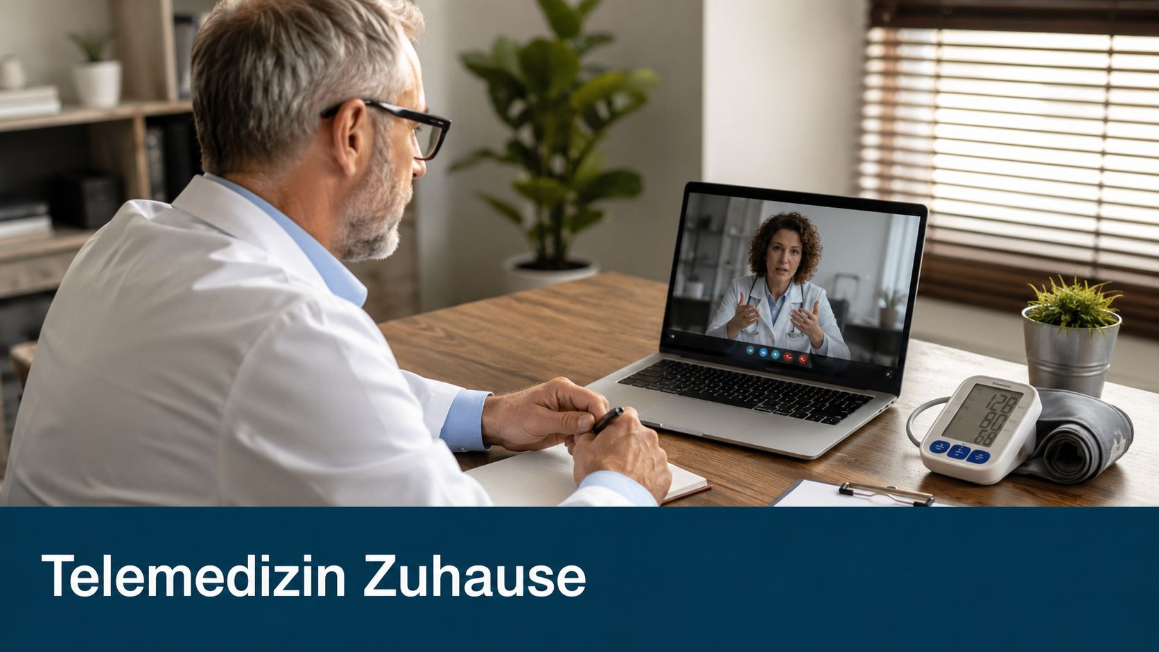 Ein Arzt führt ein telemedizinisches Beratungsgespräch per Videoschalte mit einer Kollegin am Laptop im Homeoffice.