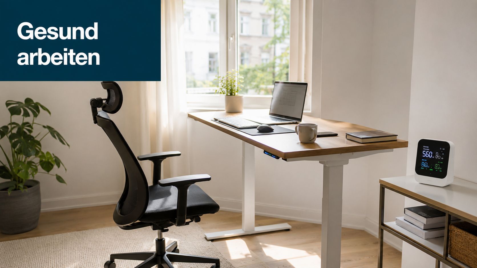 Ein moderner, heller Arbeitsplatz im Homeoffice mit höhenverstellbarem Schreibtisch, ergonomischem Bürostuhl und einer CO2-Anzeige zur Luftqualitätsmessung.