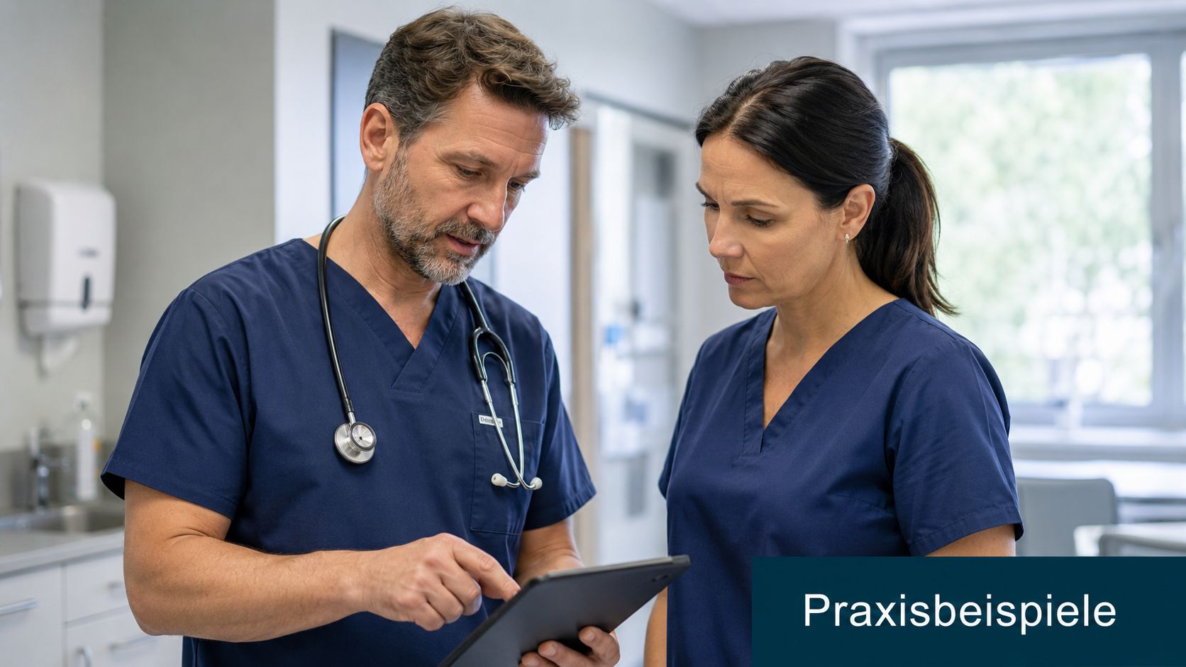 Zwei medizinische Fachkräfte besprechen gemeinsam medizinische Informationen auf einem Tablet in einer modernen Praxisumgebung.