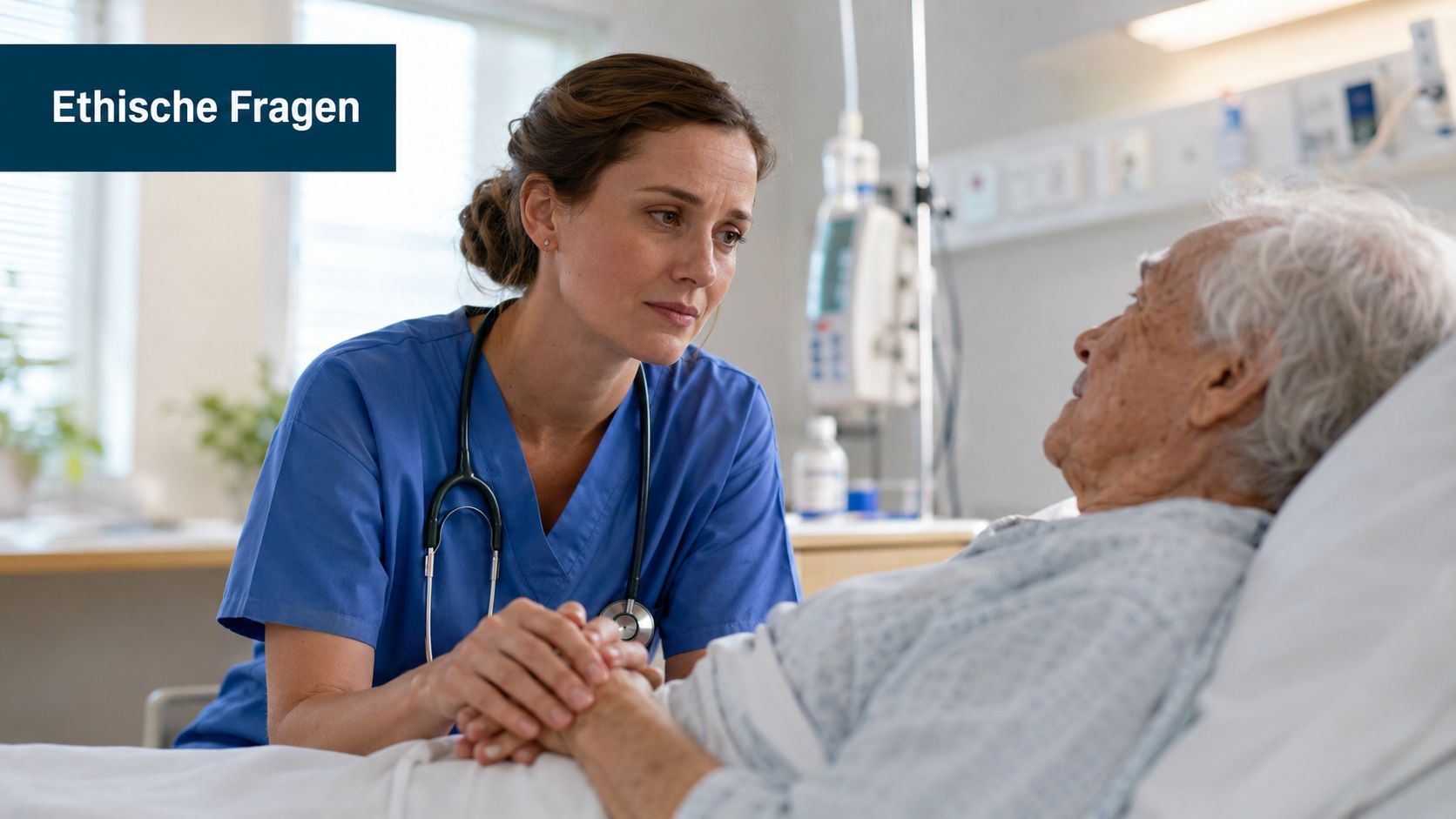 Eine mitfühlende Krankenschwester hält die Hand einer älteren Patientin, die in einem Krankenhausbett liegt und Unterstützung benötigt.