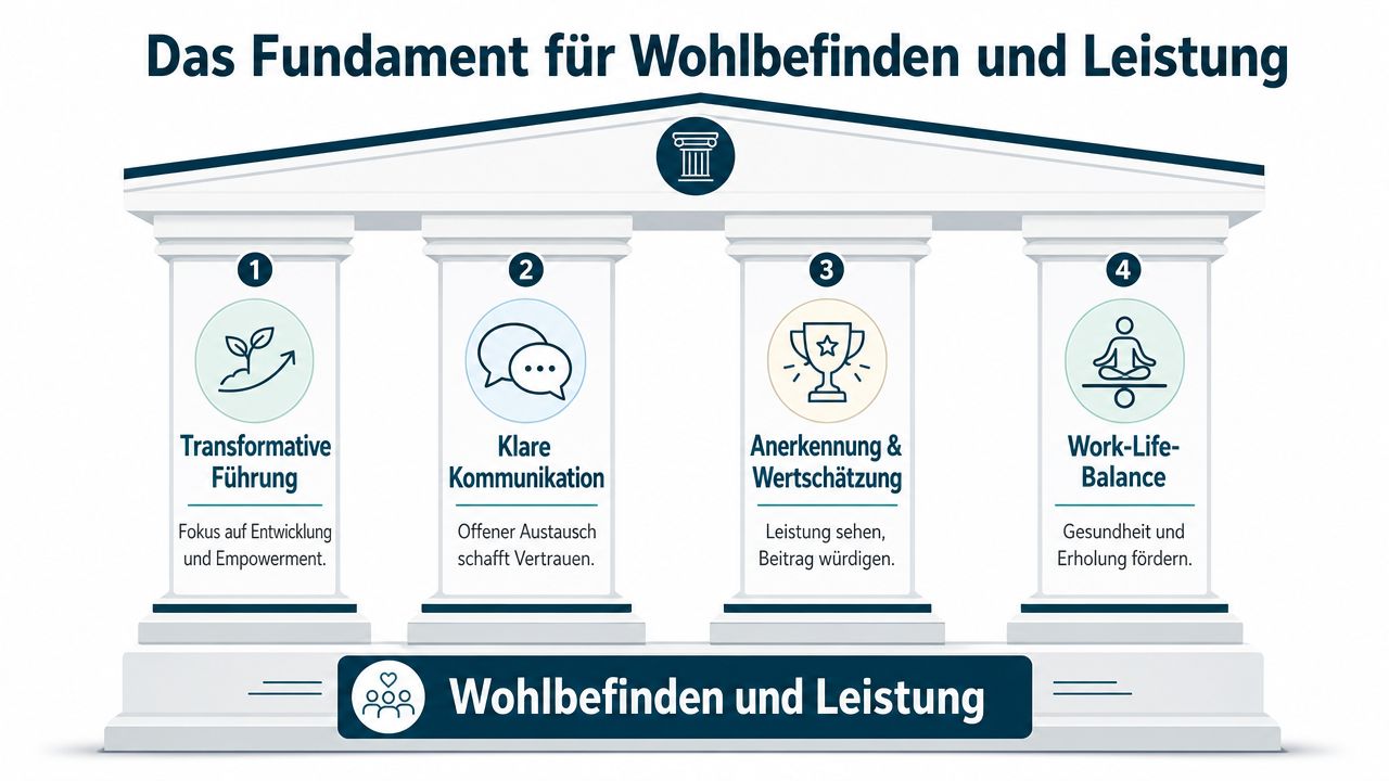 Eine Grafik, die die vier Säulen für Wohlbefinden und Leistung im beruflichen Umfeld veranschaulicht.