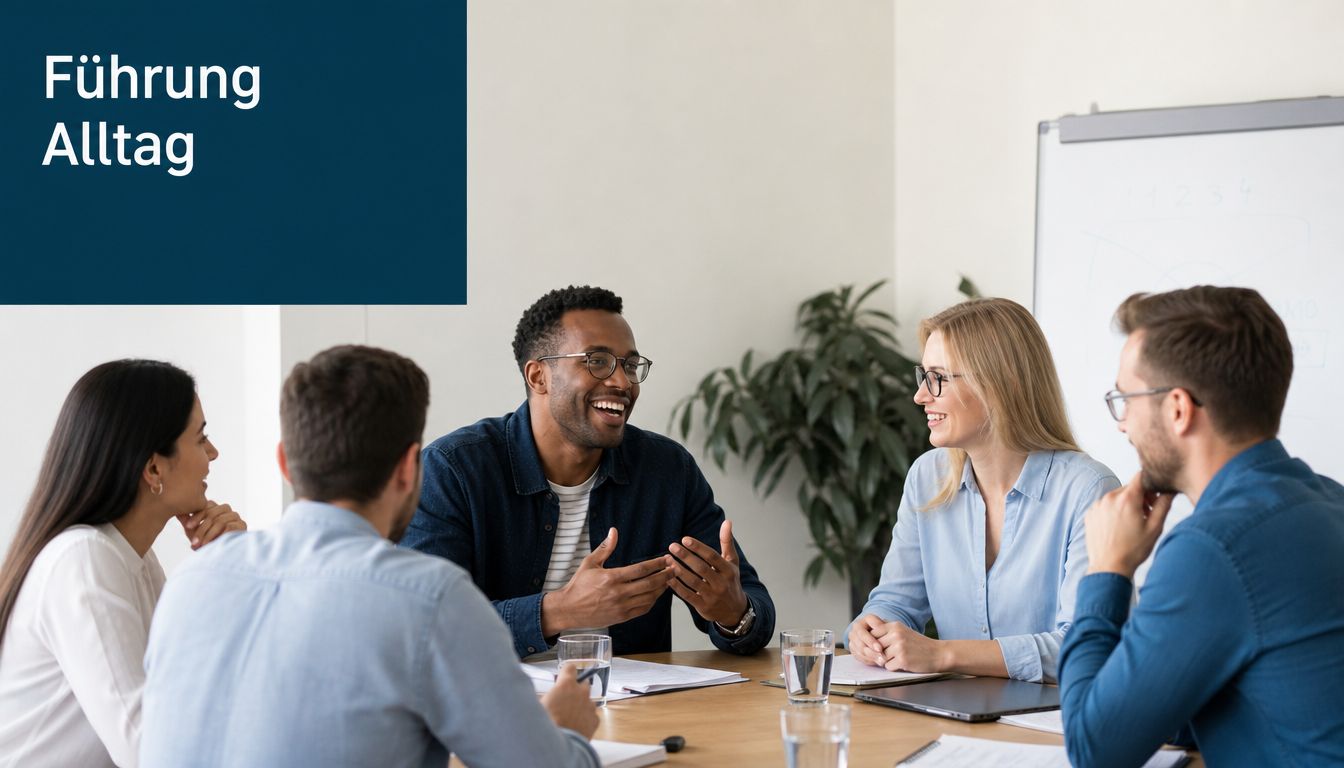Ein diverses Team von Kollegen führt in einem modernen Büro ein freundliches und produktives Gespräch am Konferenztisch.