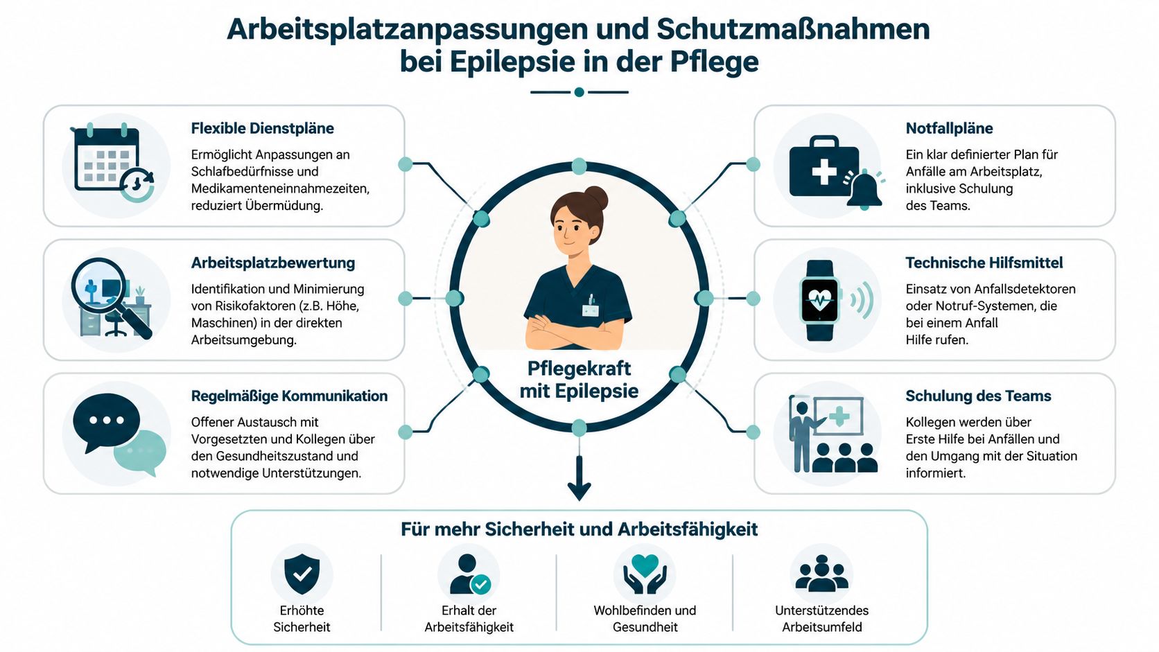 Eine Infografik zur Gestaltung von Arbeitsplätzen und Schutzmaßnahmen für Pflegekräfte, die an Epilepsie erkrankt sind.