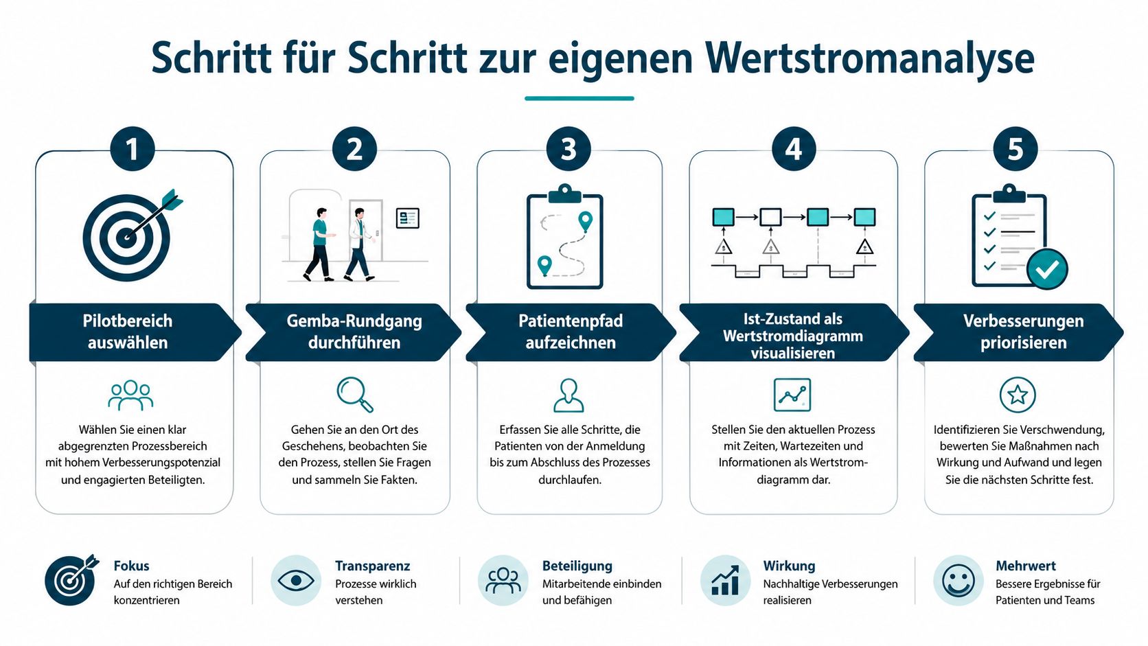 Eine Infografik mit fünf Schritten zur Durchführung einer Wertstromanalyse in einem Krankenhaus oder medizinischen Umfeld.