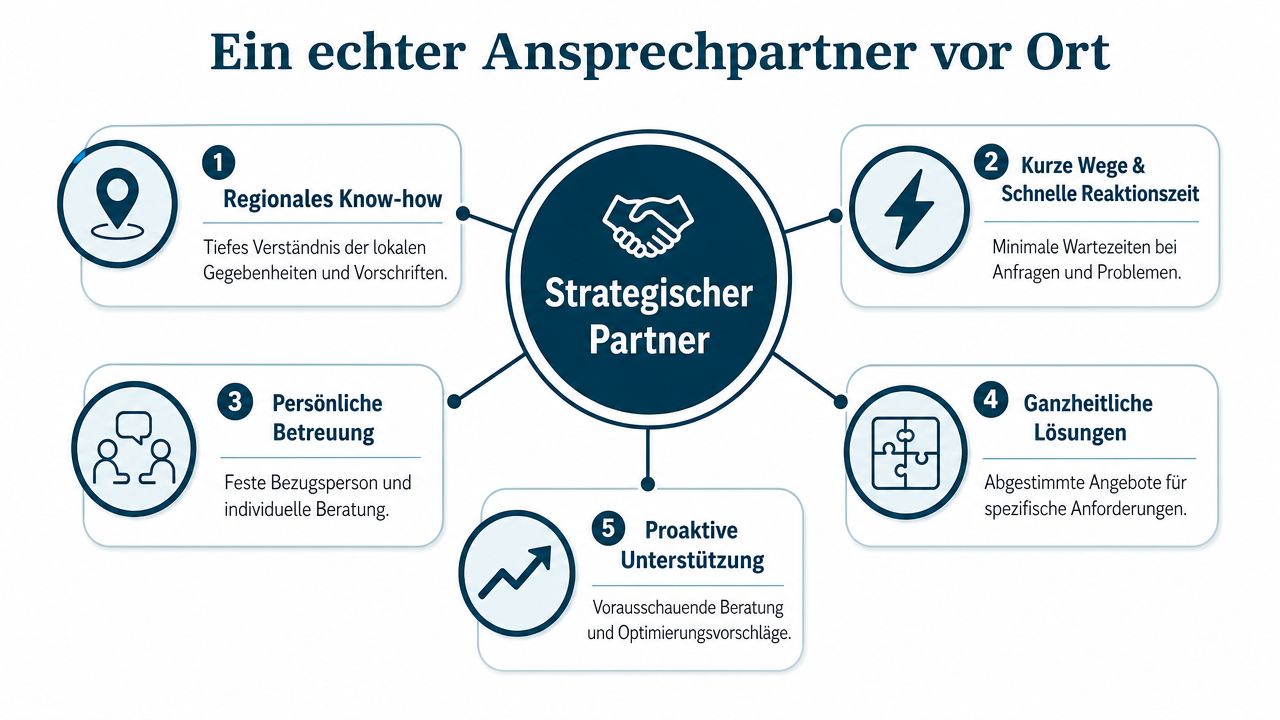 Eine Infografik mit fünf Vorteilen, die einen strategischen Partner als Ansprechpartner vor Ort auszeichnen.