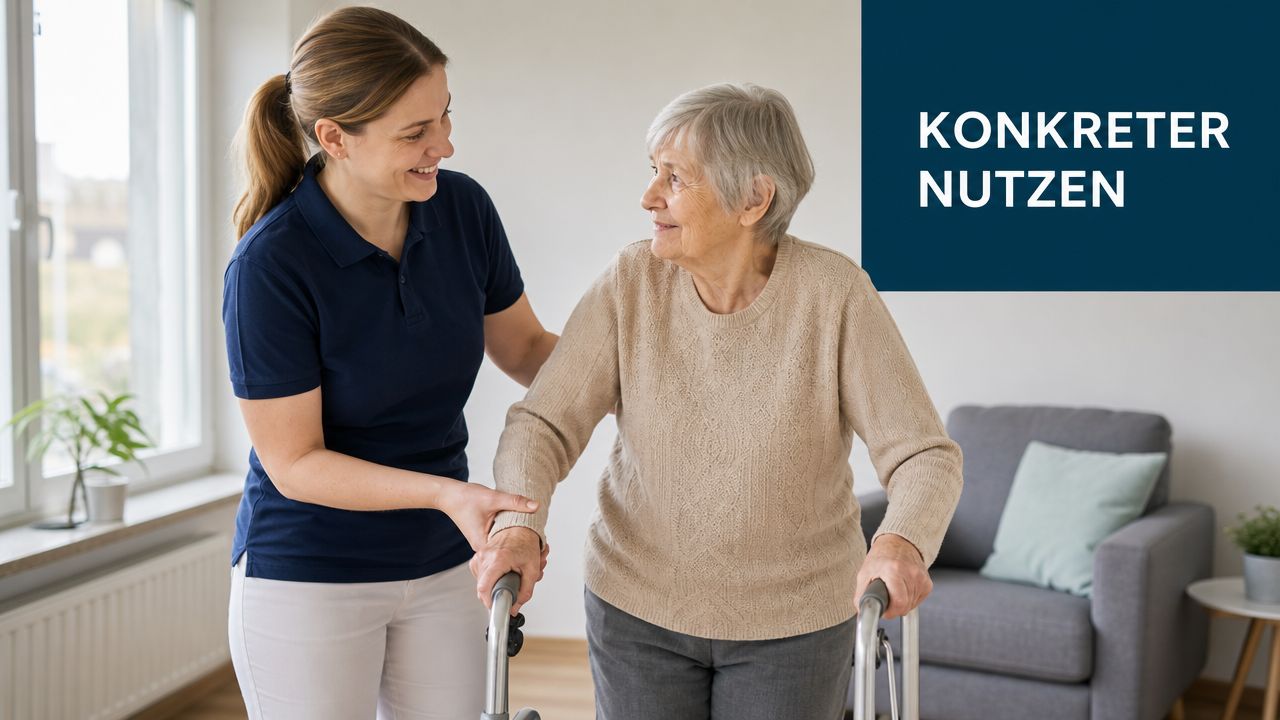 Eine junge Pflegekraft unterstützt eine ältere Dame beim Gehen mit einem Rollator in einem hellen Zimmer.