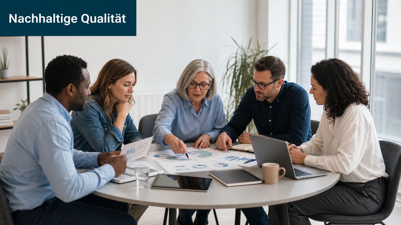 Ein diverses Team von Geschäftspartnern bespricht gemeinsam an einem runden Tisch wichtige Daten und Grafiken.