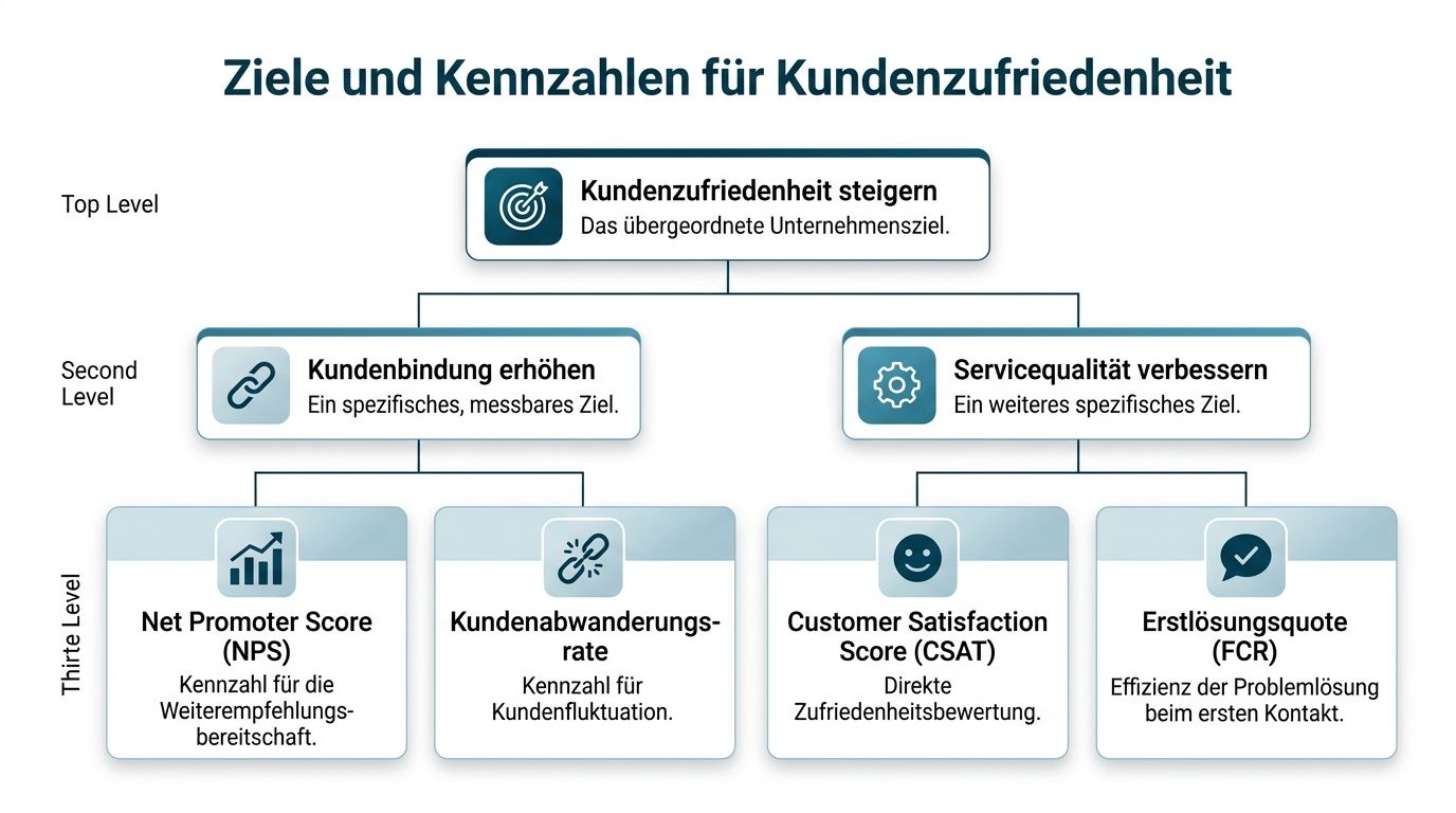Ein Strukturdiagramm zeigt Ziele und Kennzahlen zur Steigerung der Kundenzufriedenheit auf verschiedenen Unternehmensebenen.