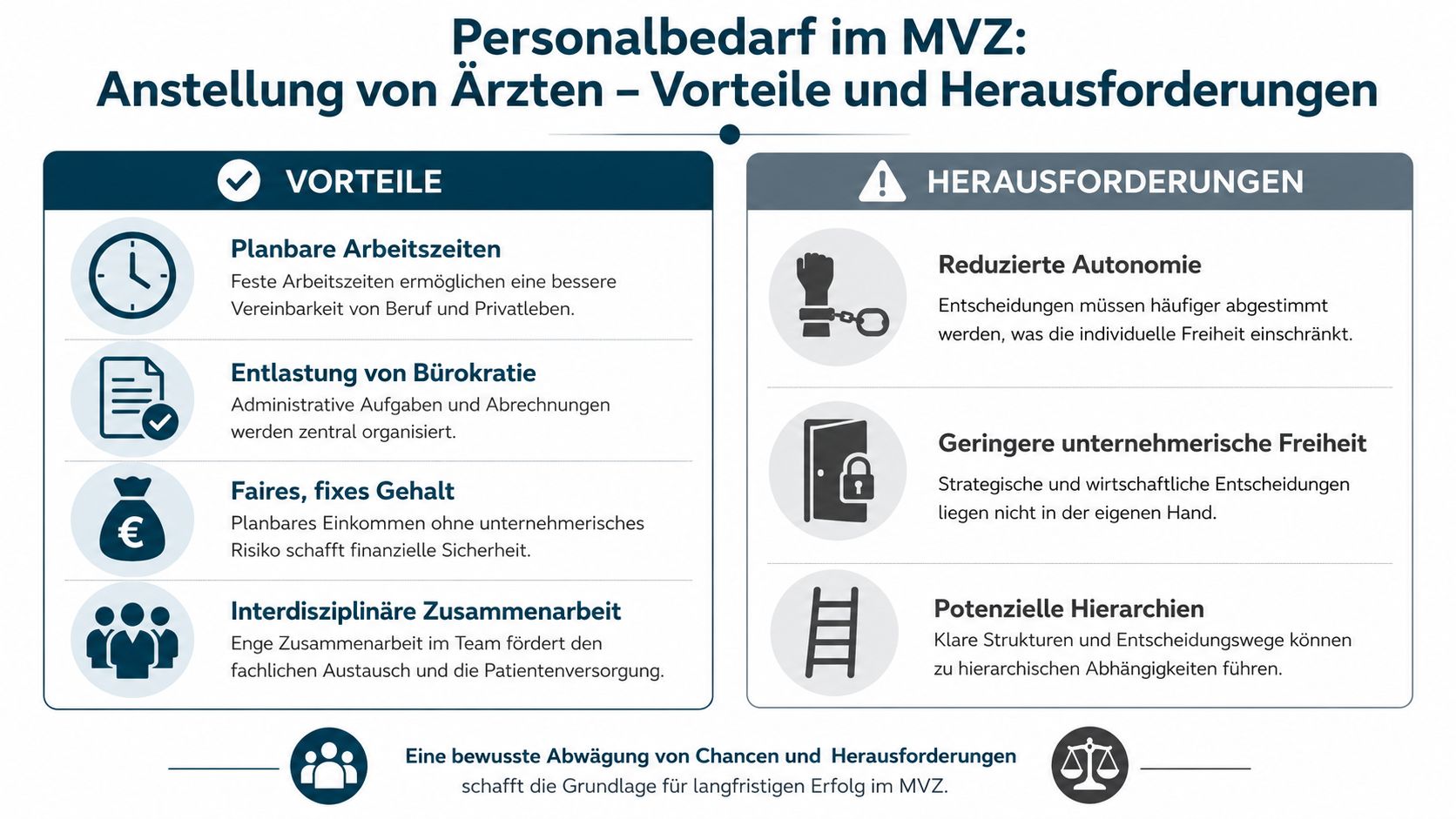 Eine Infografik stellt die Vor- und Nachteile der Anstellung von Ärzten in einem medizinischen Versorgungszentrum gegenüber.