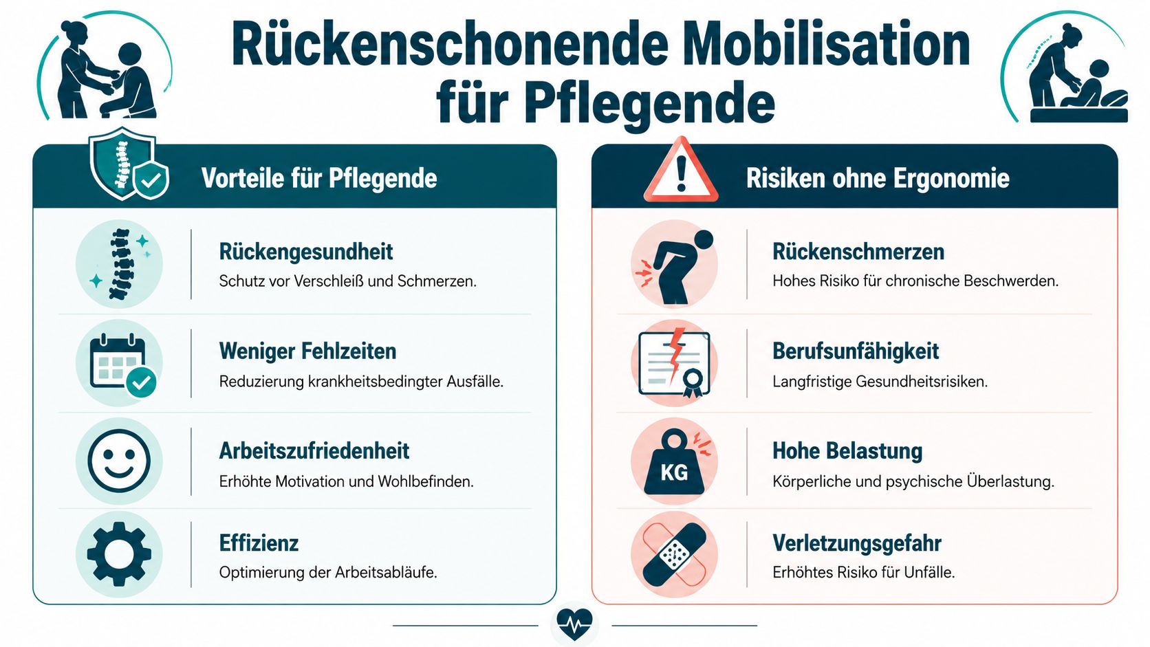Eine Infografik zur rückenschonenden Mobilisation in der Pflege mit Vorteilen für Pflegende und Risiken bei Fehlbelastungen.