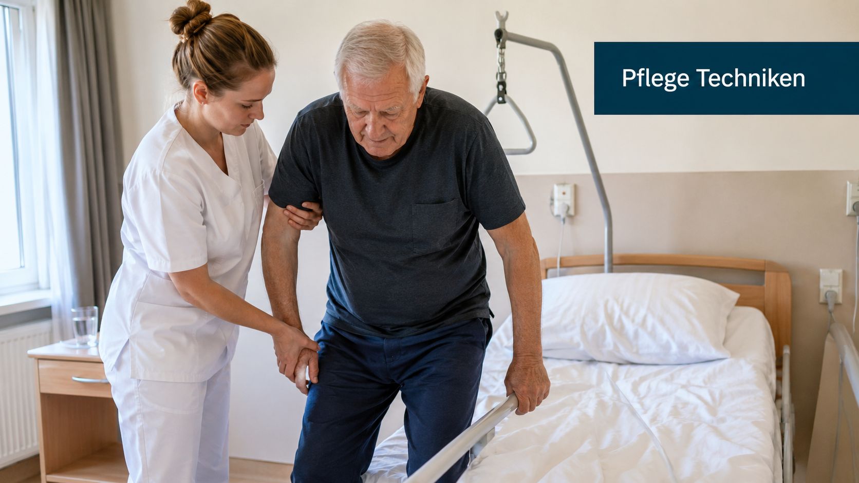 Eine Pflegekraft unterstützt einen älteren Mann dabei, vorsichtig aus seinem Pflegebett aufzustehen und sich zu mobilisieren.
