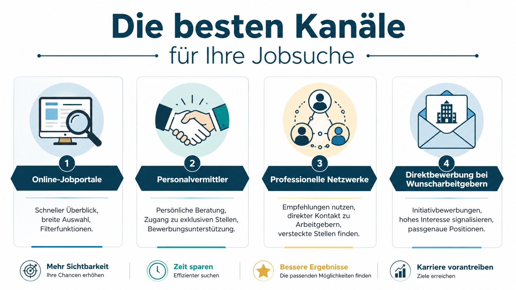 Eine Infografik mit vier verschiedenen Wegen zur erfolgreichen Jobsuche für Fachkräfte und Arbeitnehmer.