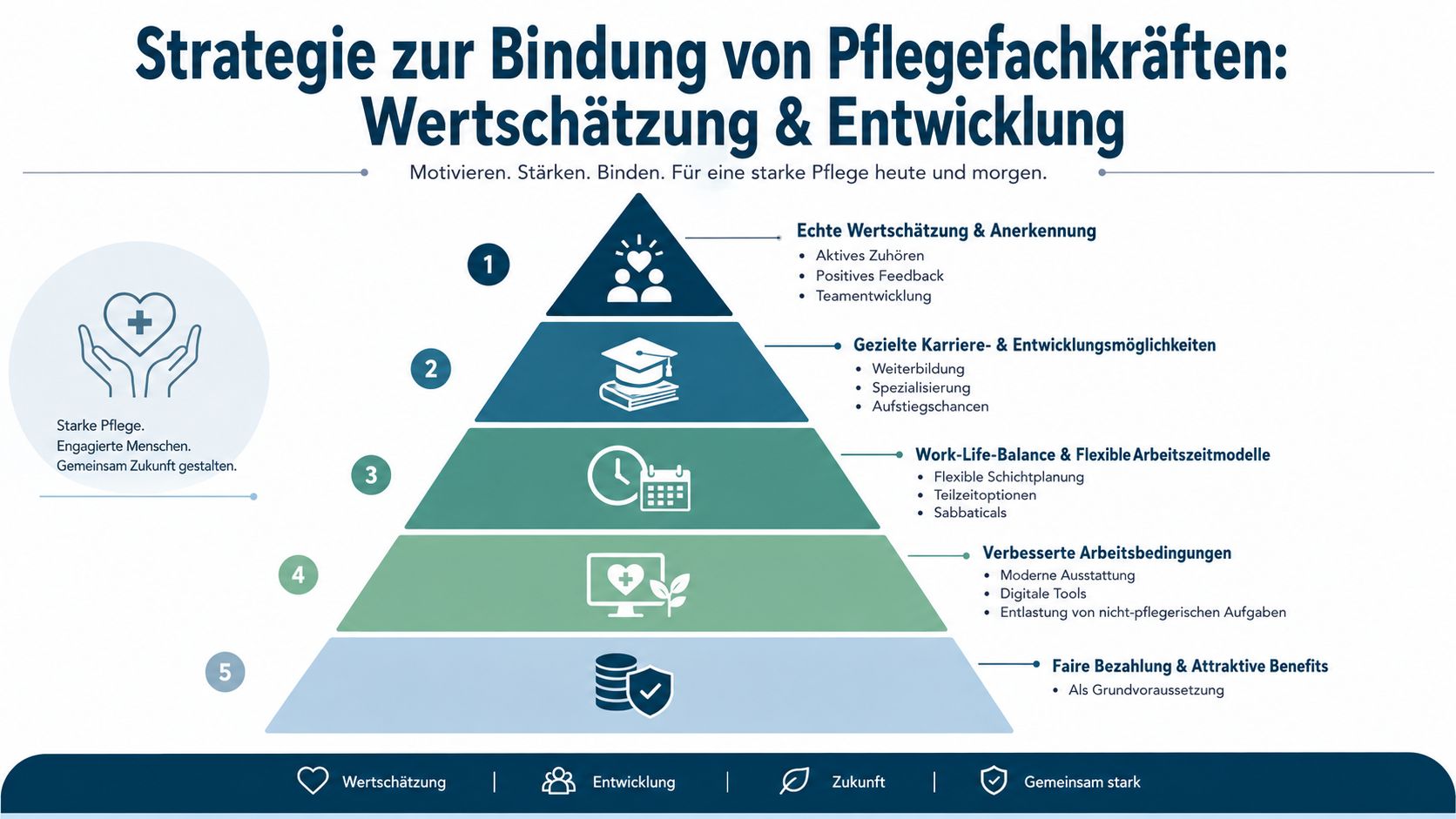 Eine pyramidenförmige Grafik zur Strategie der Bindung von Pflegefachkräften durch Wertschätzung, Entwicklung und bessere Arbeitsbedingungen.