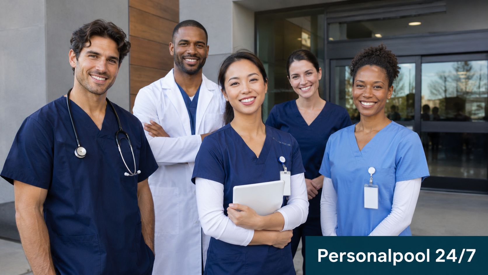 Ein diverses Team von medizinischem Fachpersonal in Berufskleidung steht lächelnd vor einem modernen Klinikgebäude.