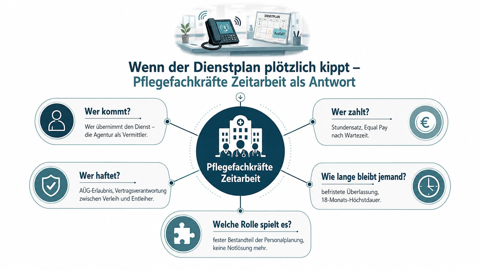 Infografik zum Thema Pflegefachkräfte in der Zeitarbeit und wie sie bei Personalausfällen im Dienstplan helfen können.