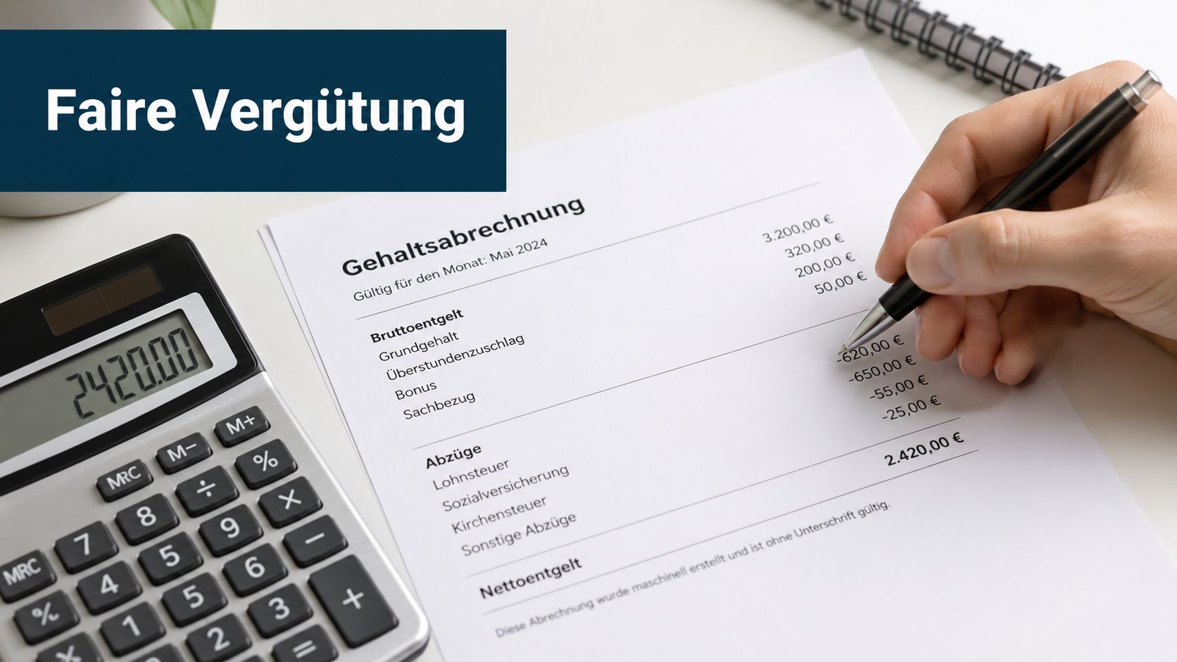 Eine Hand hält einen Stift über eine Gehaltsabrechnung, während ein Taschenrechner auf dem Tisch liegt.