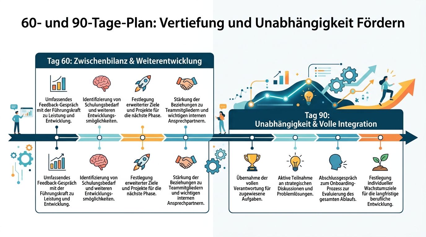 Eine Infografik zum 60- und 90-Tage-Plan für die professionelle Einarbeitung und Entwicklung neuer Mitarbeiter im Unternehmen.
