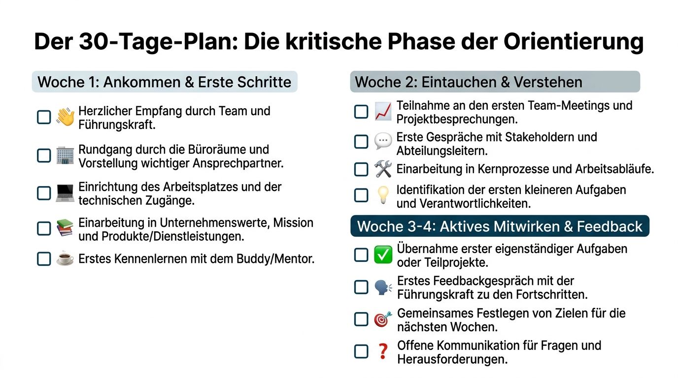 Übersicht des 30-Tage-Plans zur Einarbeitung neuer Mitarbeiter in drei Phasen mit konkreten Aufgaben und Meilensteinen.