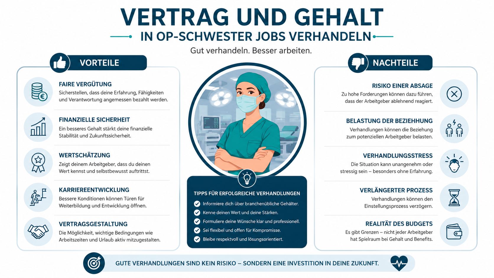 Eine Infografik, die Vor- und Nachteile sowie Tipps für Gehaltsverhandlungen in OP-Schwester-Jobs anschaulich darstellt.